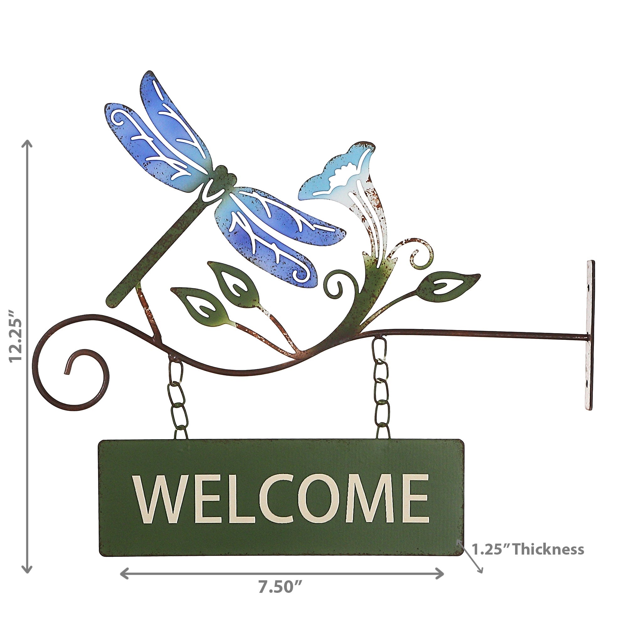Hanging Metal Dragonfly Welcome Sign, Outdoor Wall Decor, Garden Accent