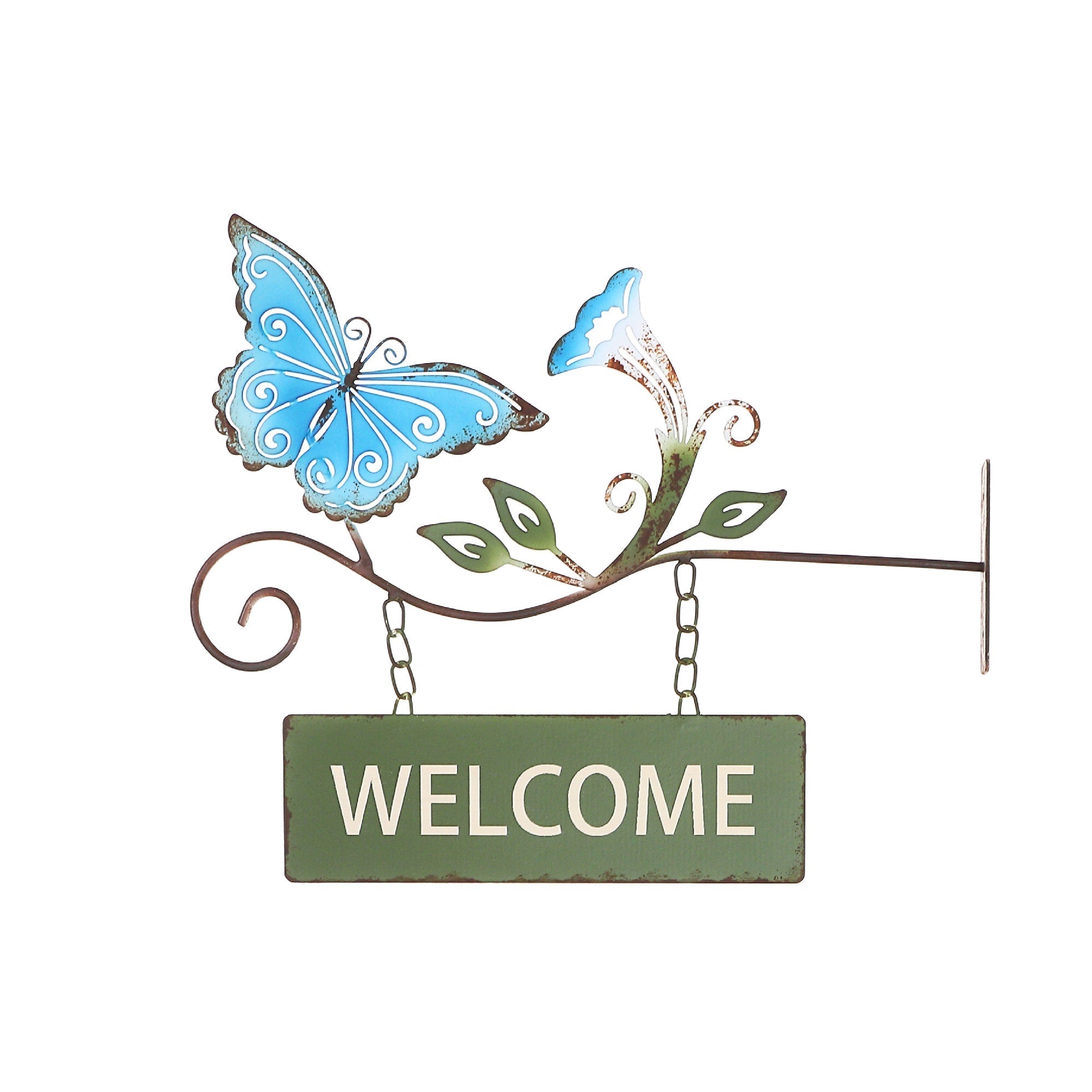 Hanging Metal Butterfly Welcome Sign, Garden Wall Decor, Outdoor Accent