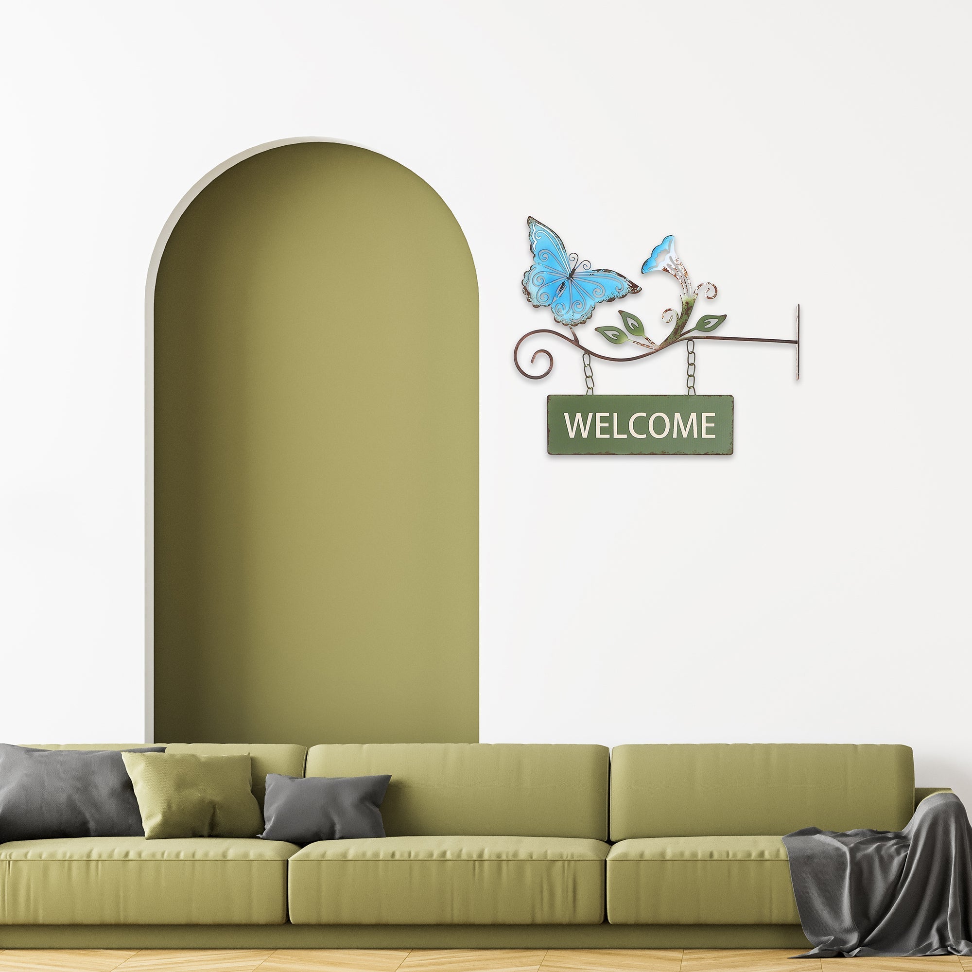 Hanging Metal Butterfly Welcome Sign, Garden Wall Decor, Outdoor Accent
