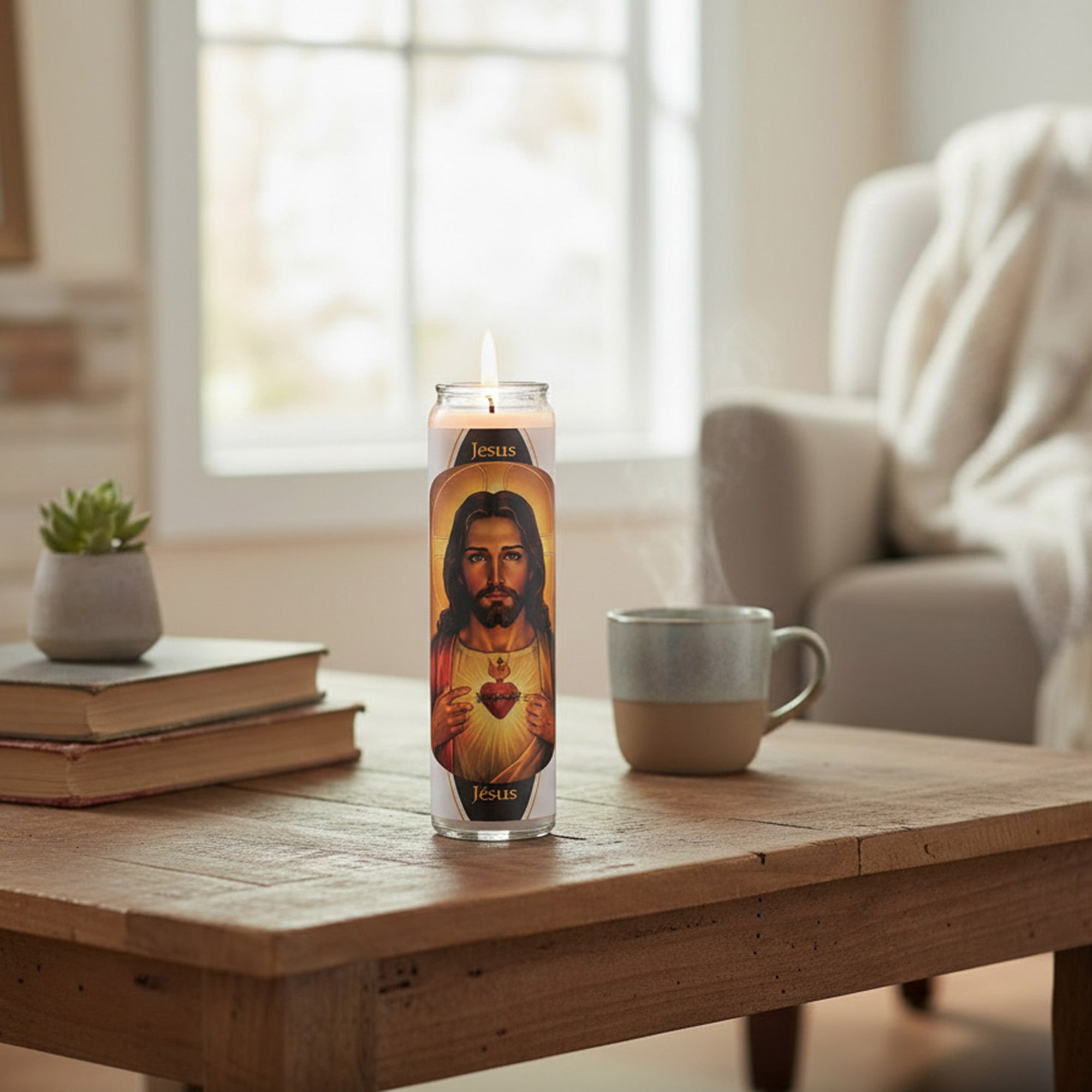 White Religious Candle Featuring Jesus - Set of 6