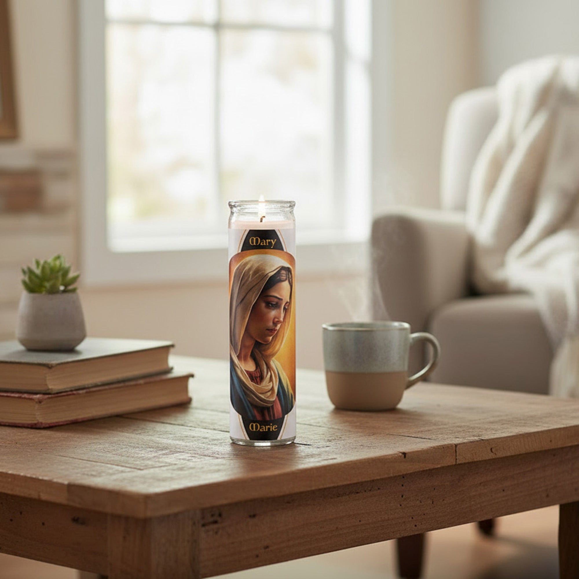 White Religious Candle Featuring Virgin Mary - Set of 6