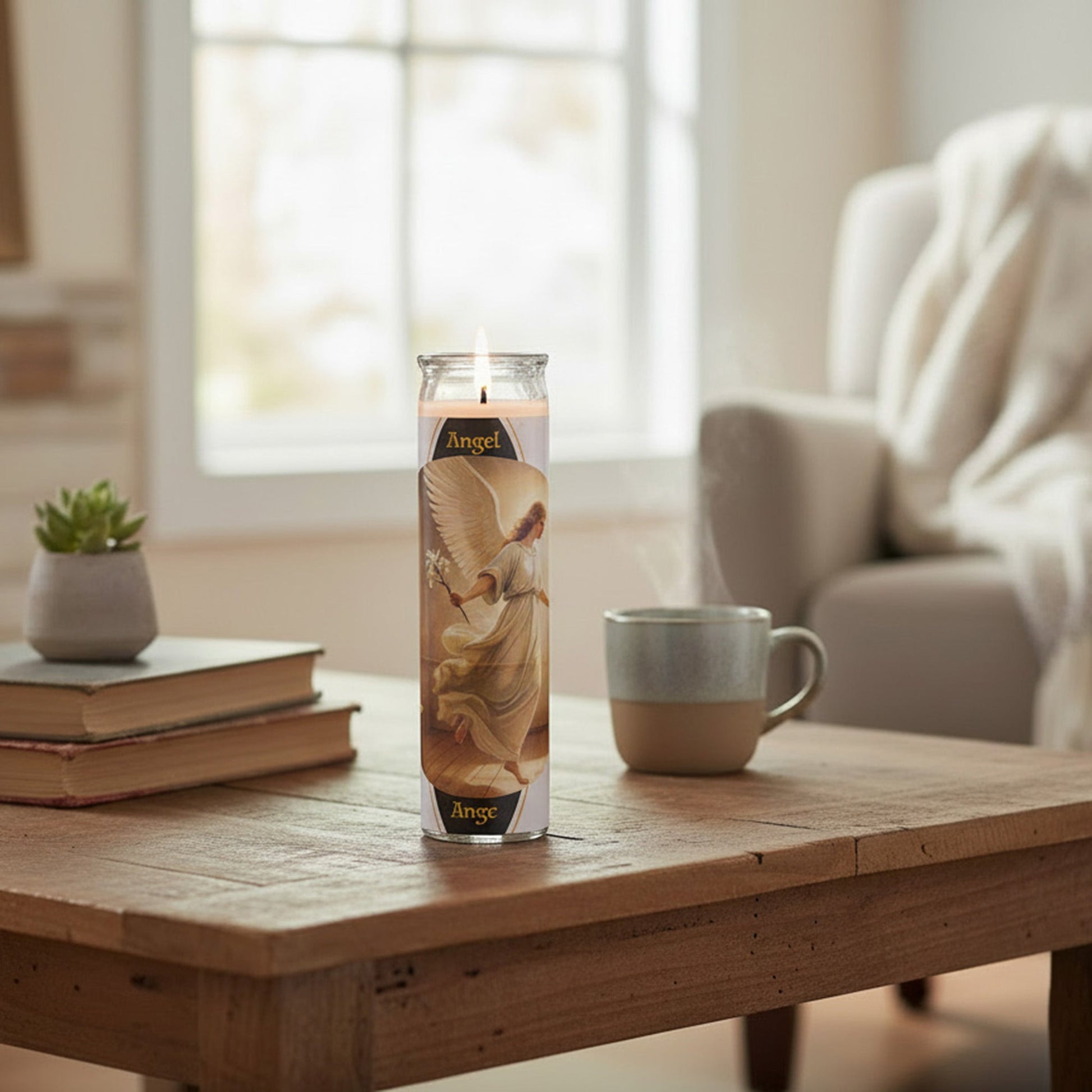 White Religious Candle with Angel Design - Set of 6