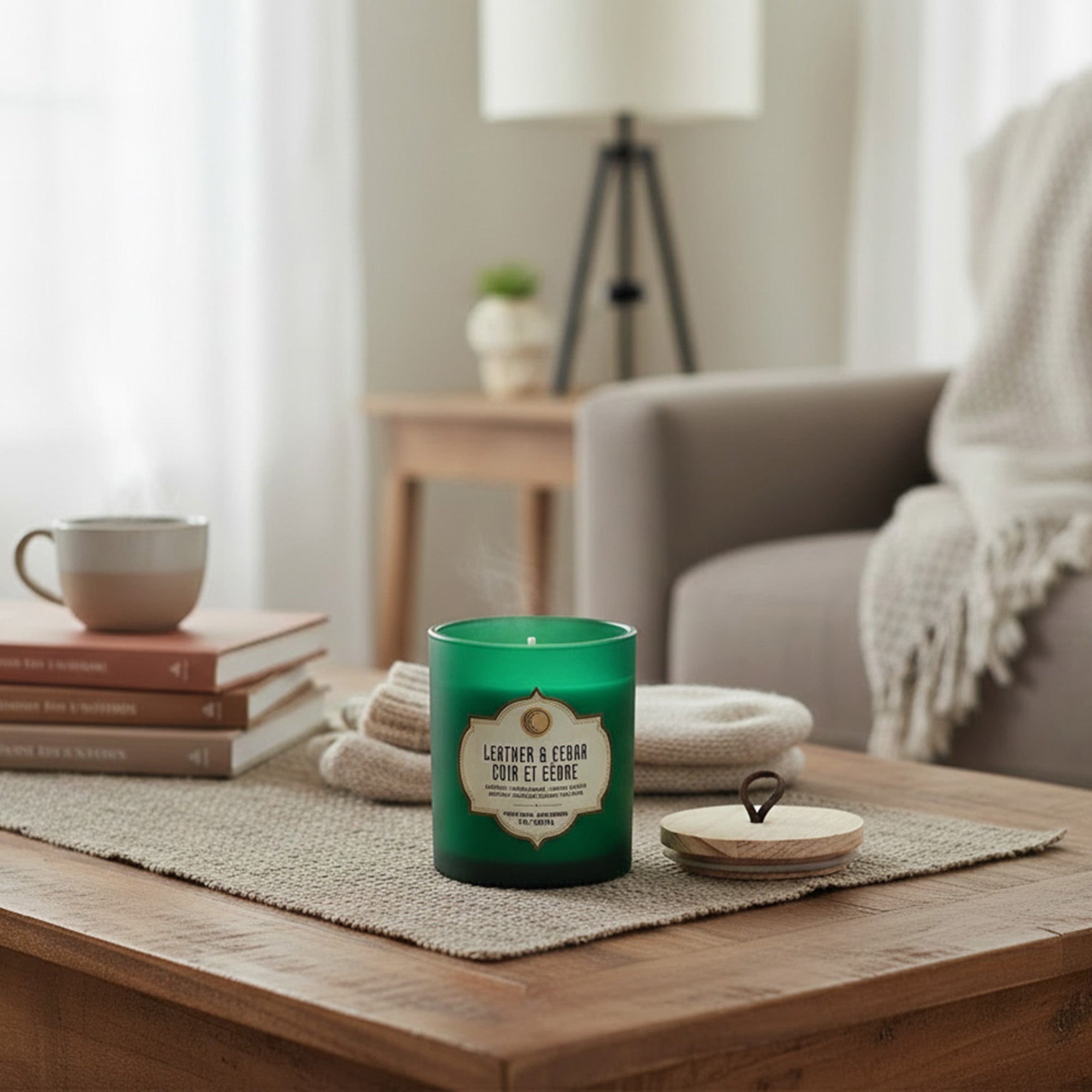 7 Ounces Green Glass Jar Scented Candle – Leather and Cedar - Set of 2