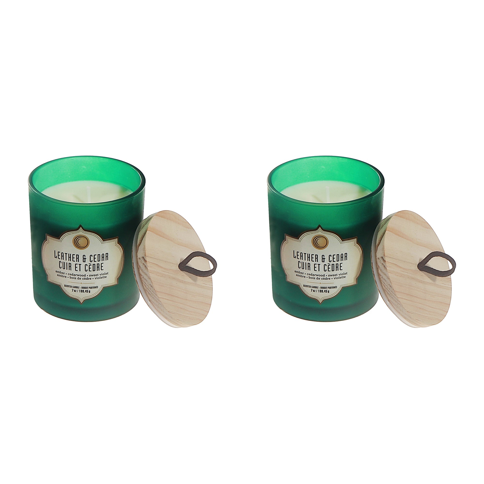 7 Ozs Green Glass Jar Scented Candle – Leather and Cedar - Set of 2