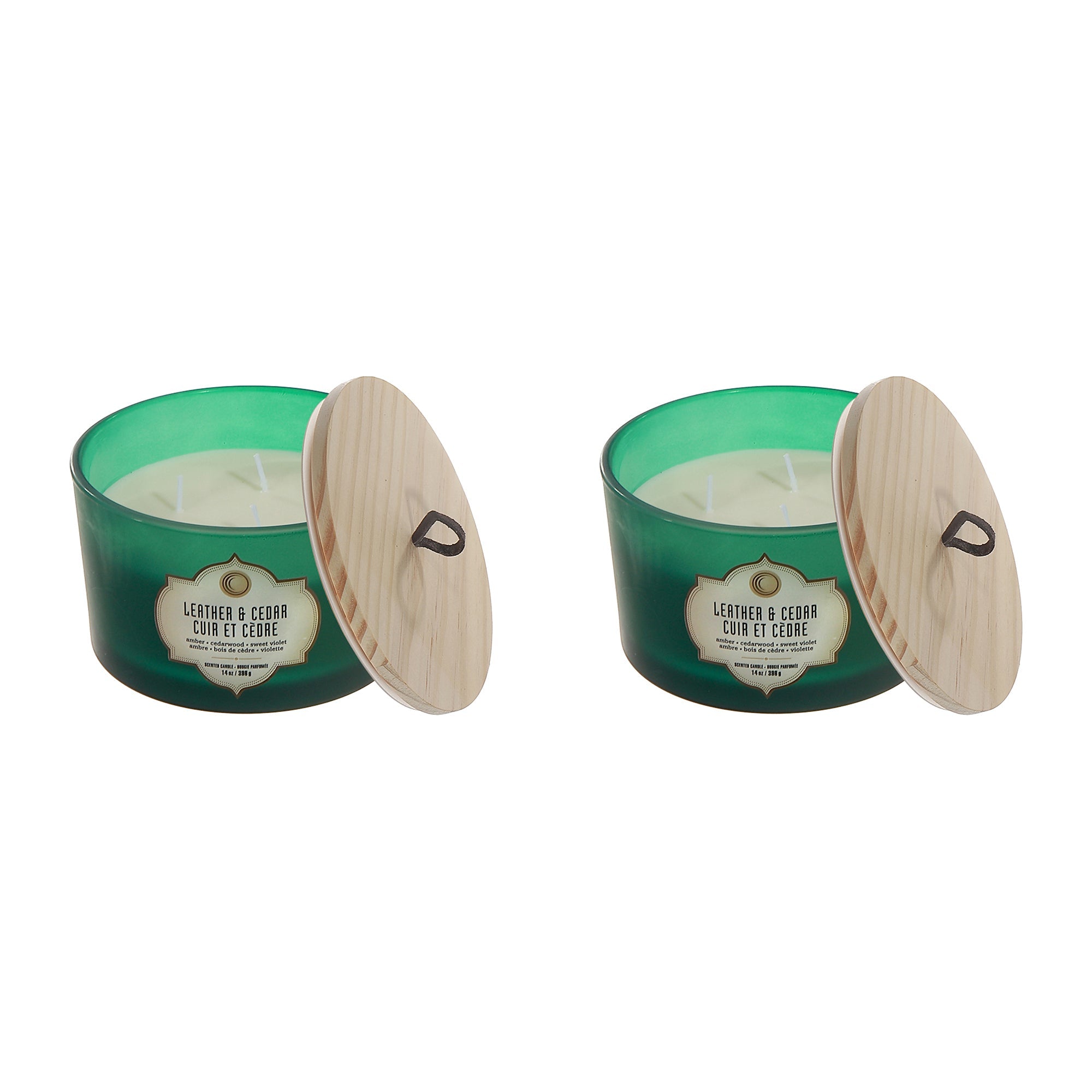 14 Ozs 3 Wick Green Jar Scented Candle Leather & Cedar - Set of 2