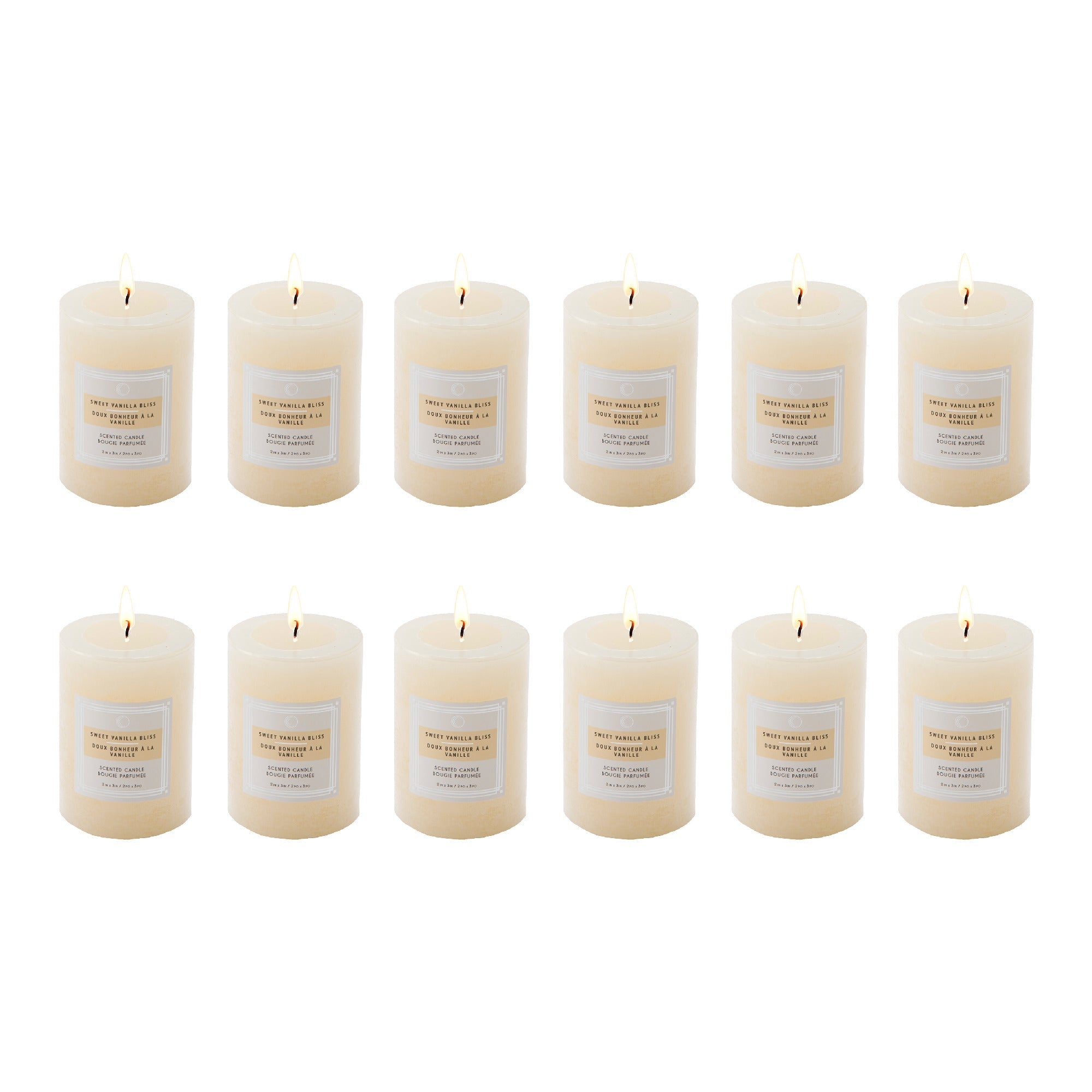 Sweet Vanilla Bliss 2"x3" Scented Pillar Candles, Set of 12, Home Fragrance, Aromatherapy