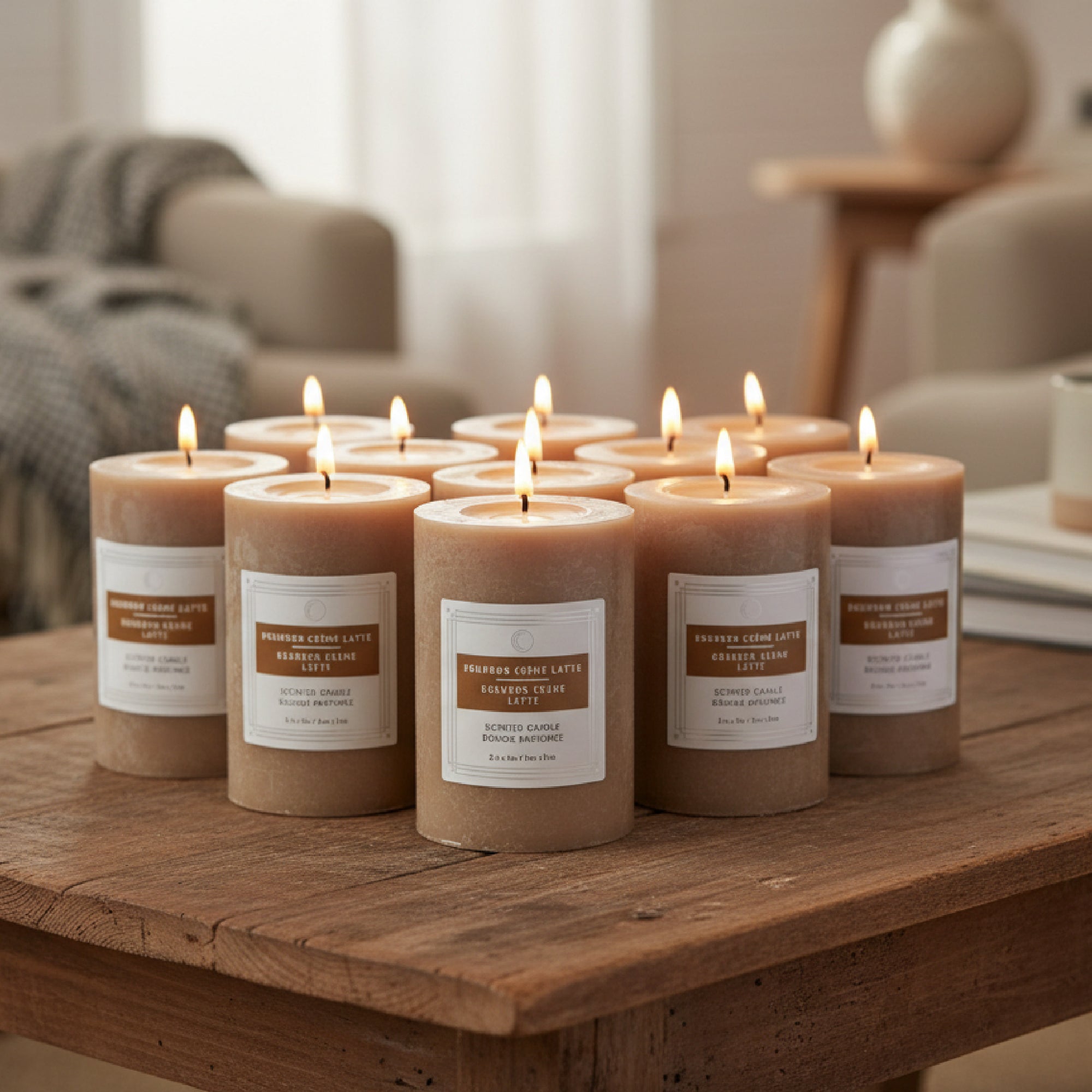 Bourbon Crème Latte 2"x3" Scented Pillars, Set of 12, Home Fragrance, Aromatherapy
