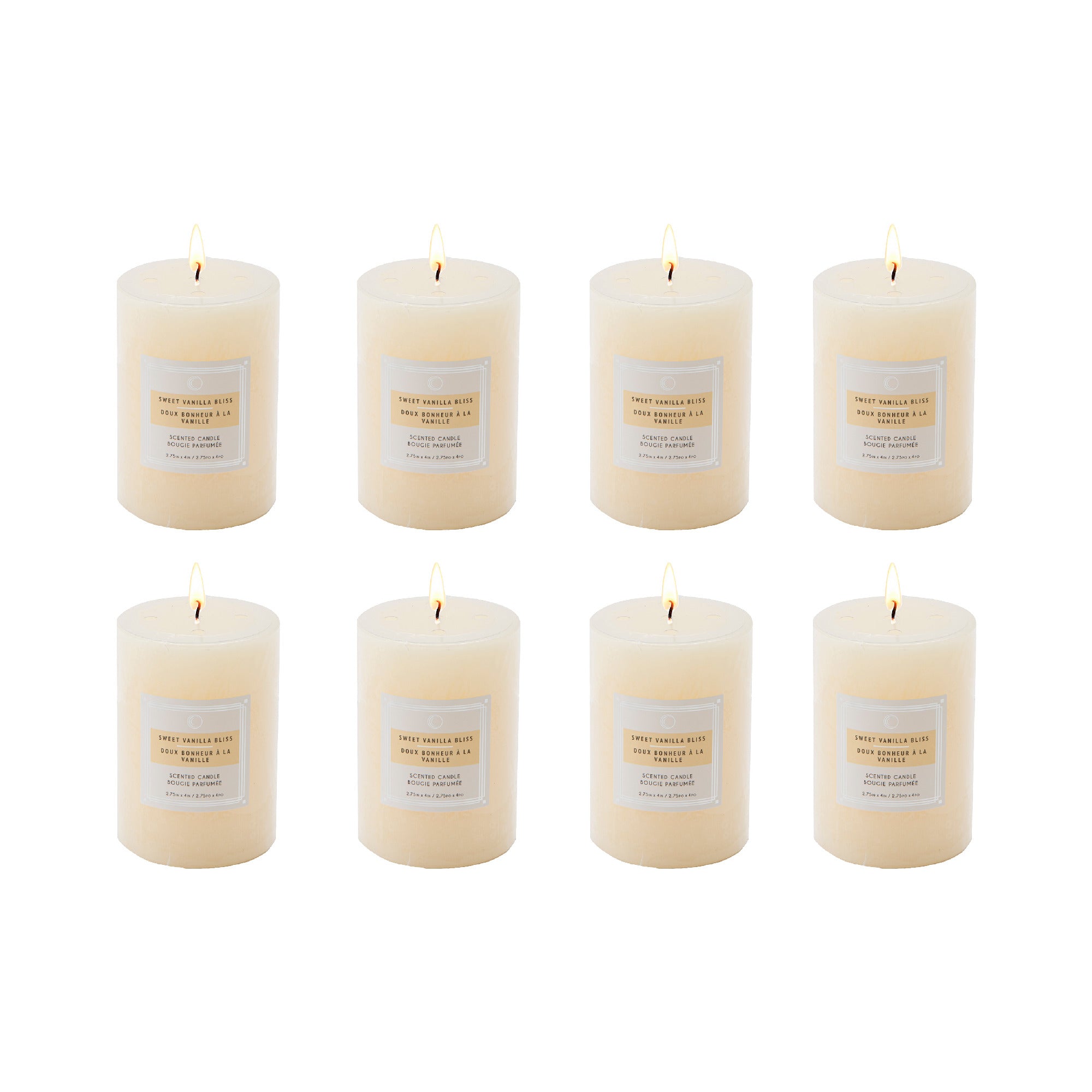 Sweet Vanilla Bliss 2.75"x4" Scented Pillars, Set of 8, Home Fragrance, Aromatherapy