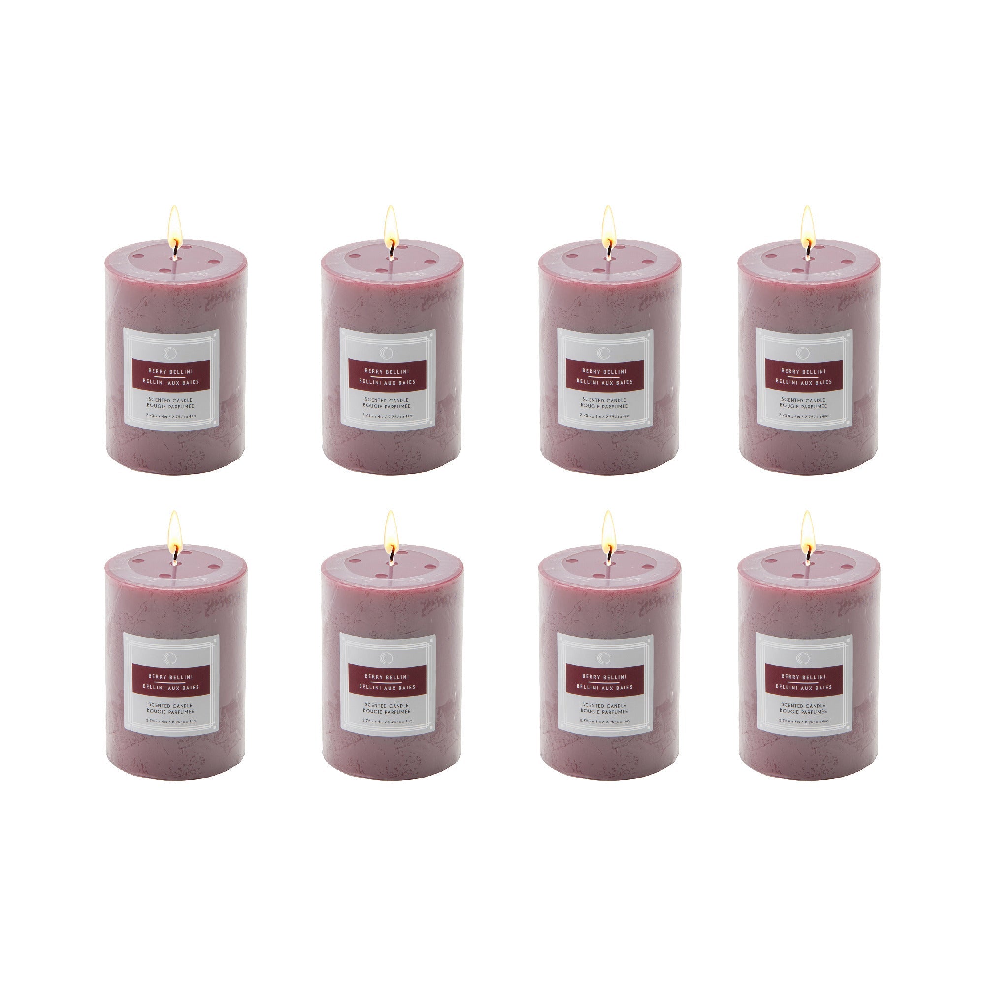 Berry Bellini 2.75"x4" Scented Pillars, Set of 8, Home Fragrance, Aromatherapy
