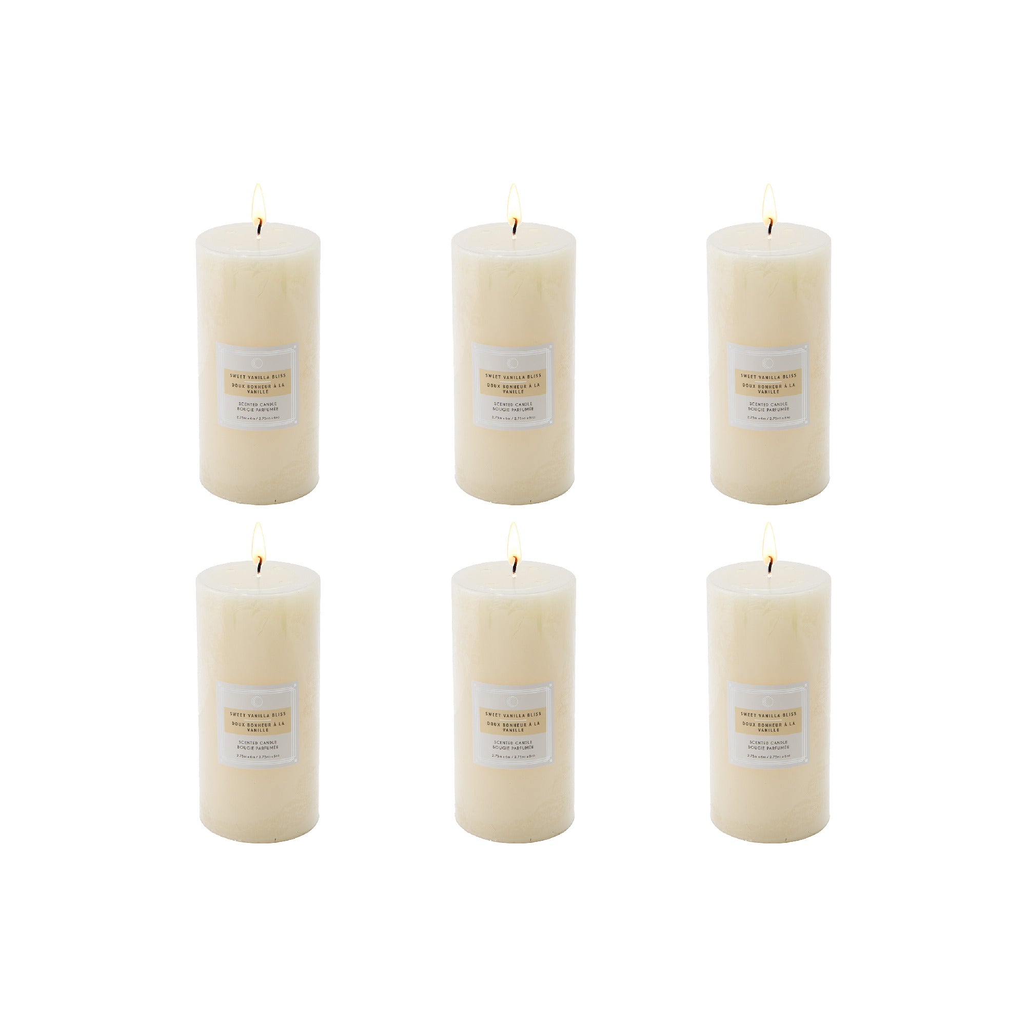 Sweet Vanilla Bliss 2.75"x6" Scented Pillars, Set of 6, Home Fragrance, Aromatherapy