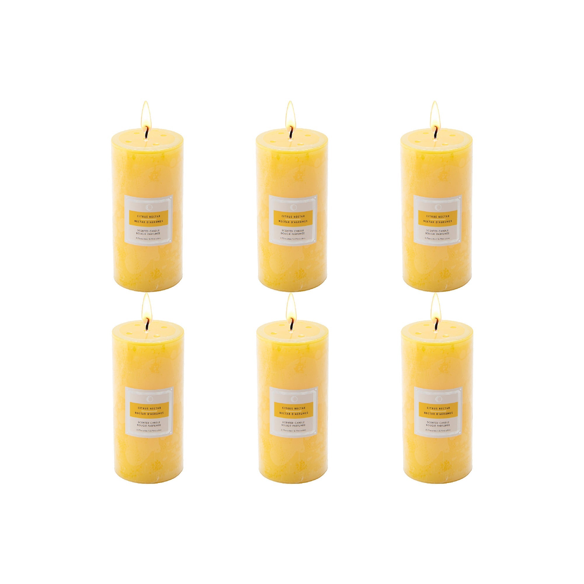 Citrus Nectar 2.75"x6" Scented Pillars, Set of 6, Home Fragrance, Aromatherapy