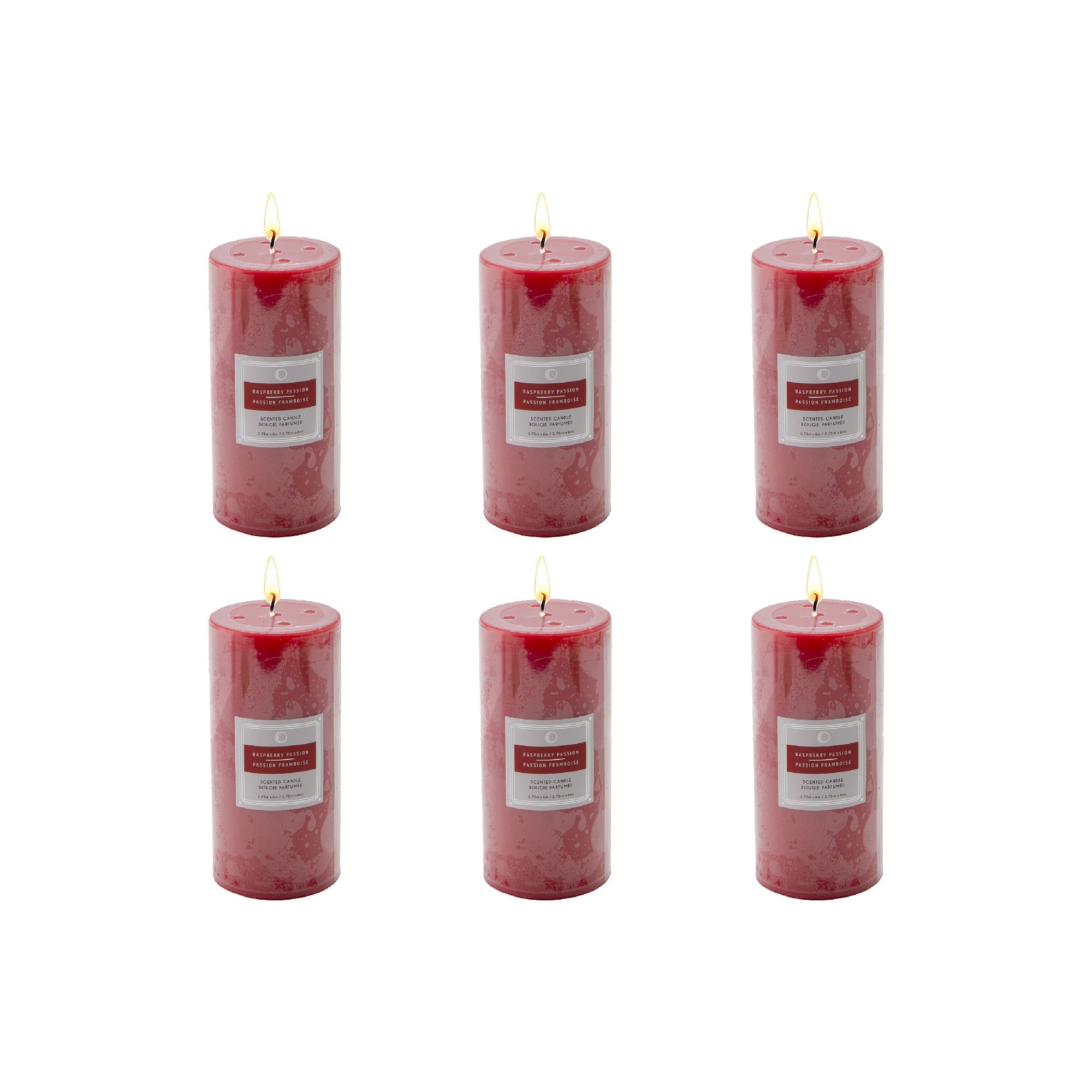 Raspberry Passion 2.75"x6" Scented Pillars, Set of 6, Home Fragrance, Aromatherapy