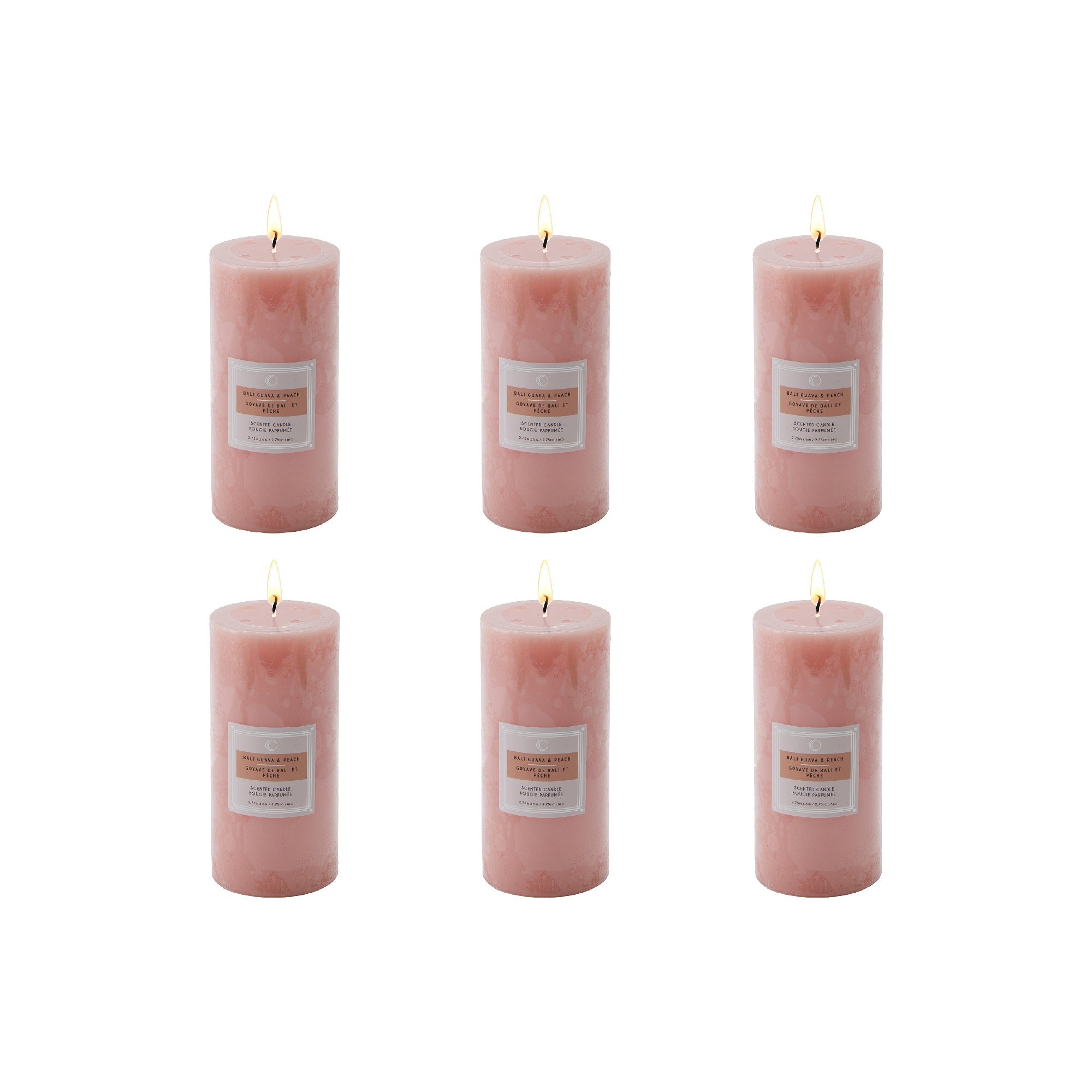 Bali Guava & Peach 2.75"x6" Scented Pillars, Set of 6, Home Fragrance, Aromatherapy