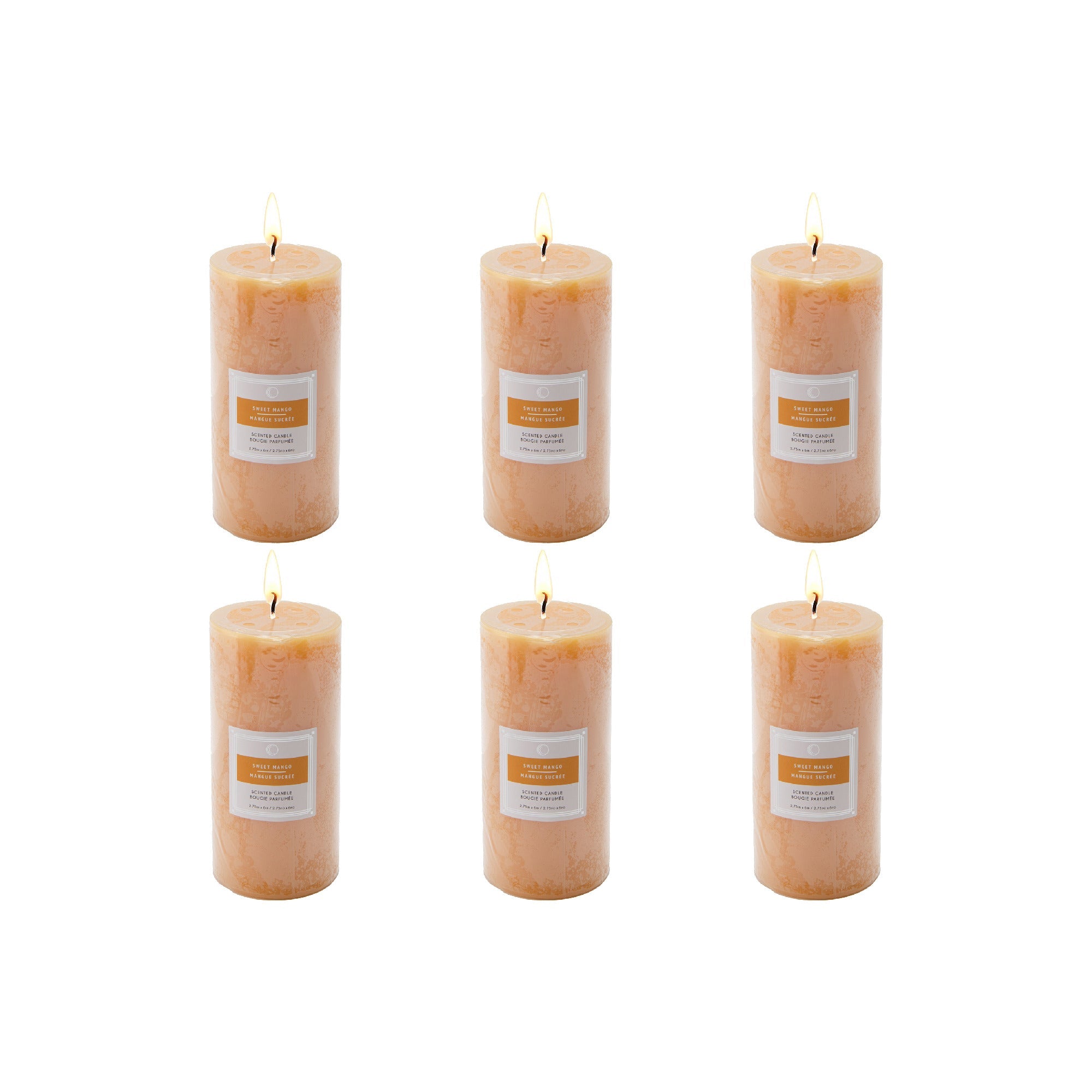 Sweet Mango 2.75"x6" Scented Pillars, Set of 6, Home Fragrance, Aromatherapy