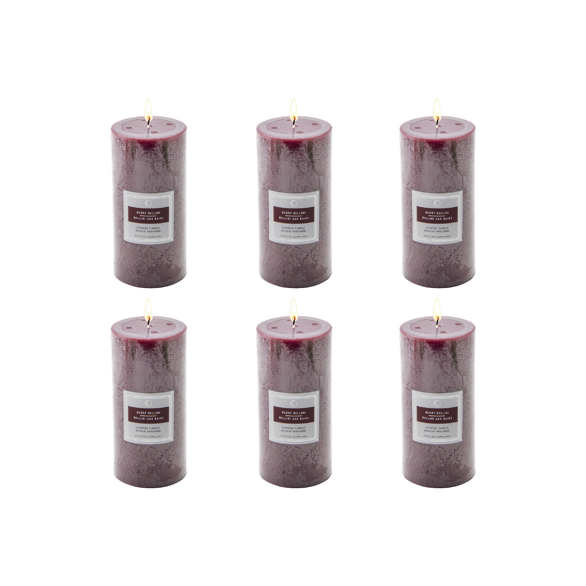 Berry Bellini 2.75"x6" Scented Pillars, Set of 6, Home Fragrance, Aromatherapy