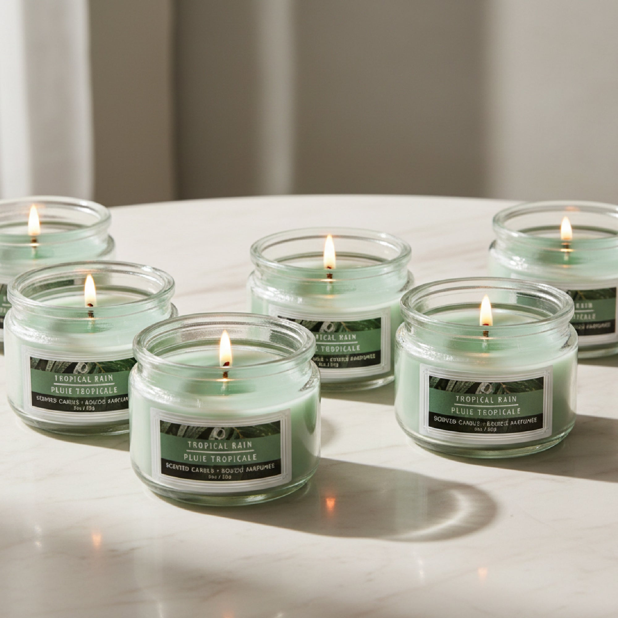 3 Ounce Scented Glass Jar Candle with Refreshing Tropical Rain Fragrance - Set of 4