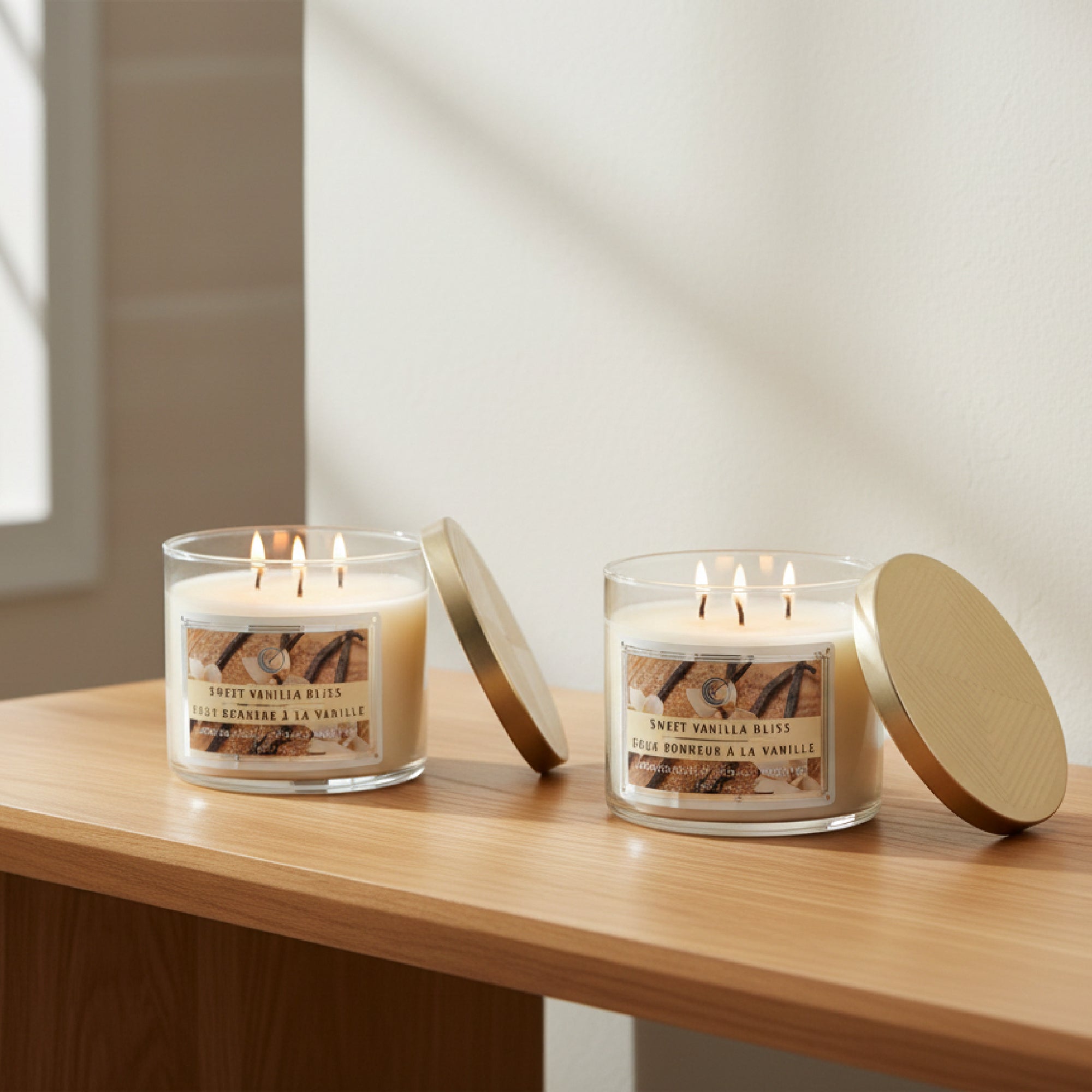 14 Ounce 3-Wick Jar Candle with Lid and Warm Sweet Vanilla Bliss Scent - Set of 2