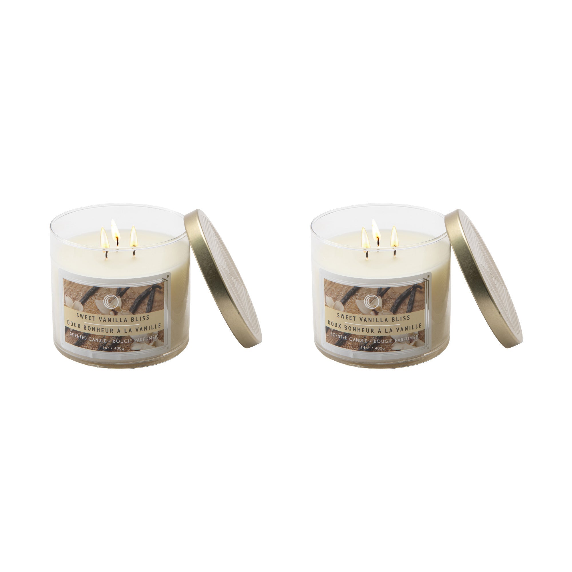 14 Oz 3-Wick Jar Candle with Lid and Warm Sweet Vanilla Bliss Scent - Set of 2