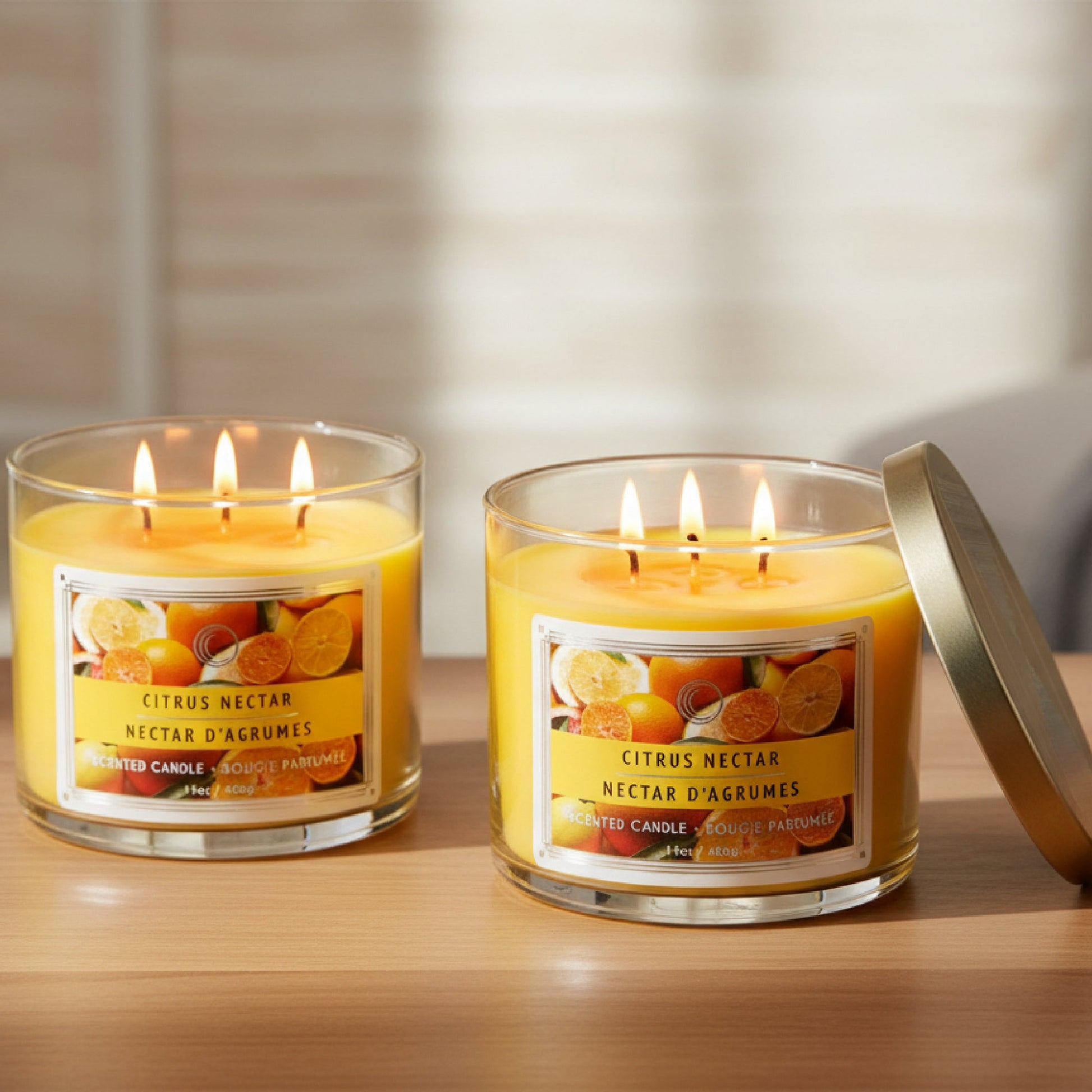 14 Ounce 3-Wick Jar Candle with Lid Featuring Bright Citrus Nectar Aroma - Set of 2