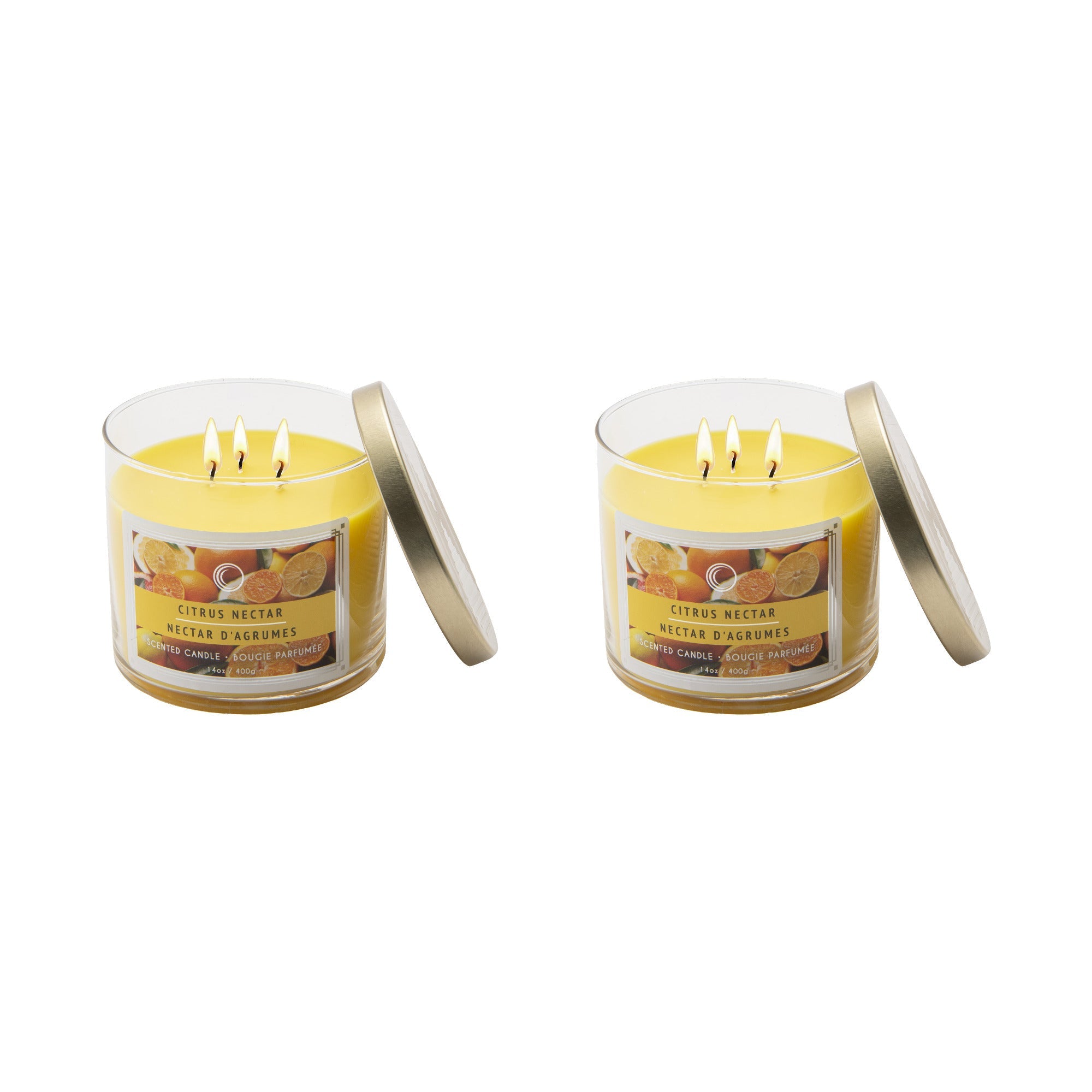 14 Oz 3-Wick Jar Candle with Lid Featuring Bright Citrus Nectar Aroma - Set of 2