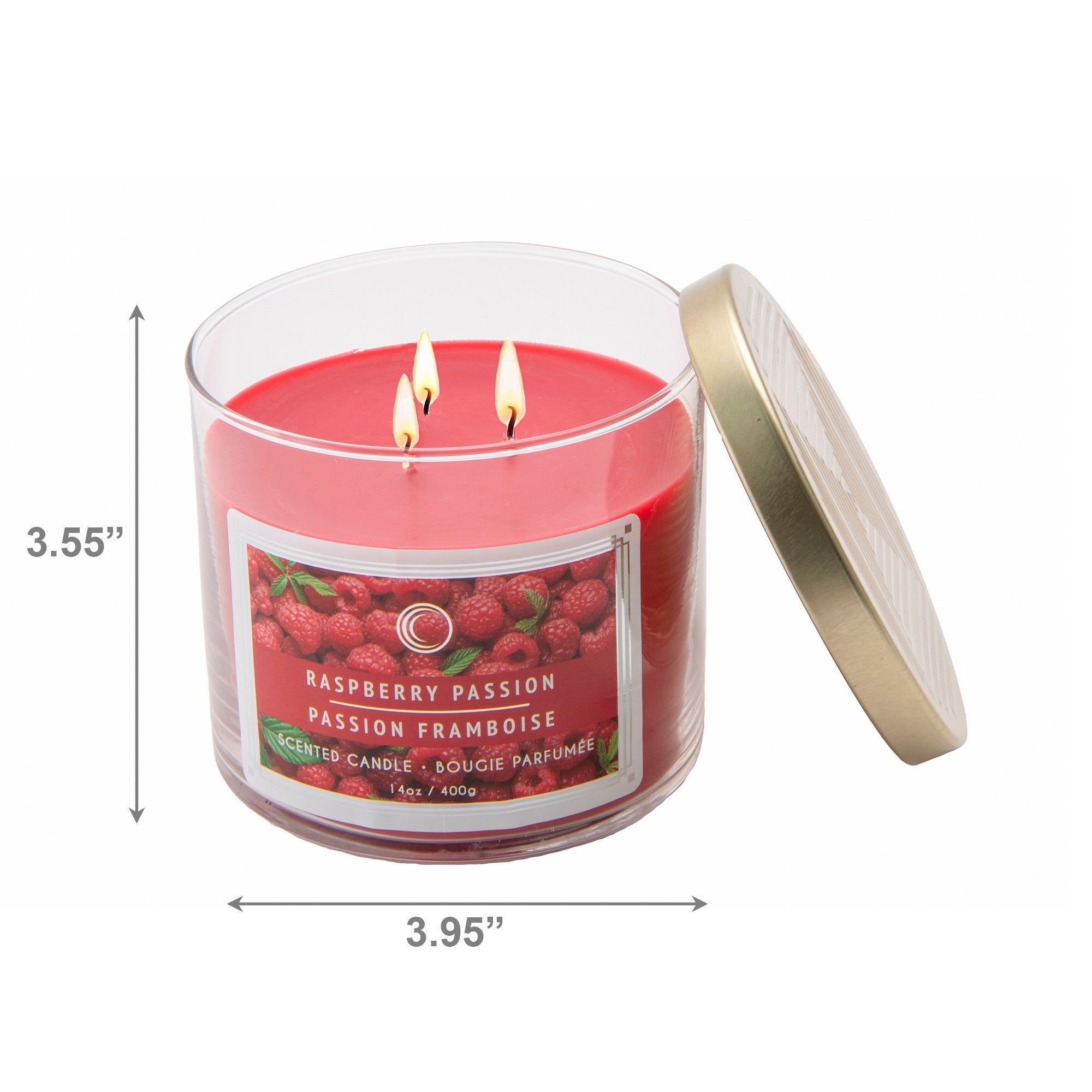 14 Oz 3-Wick Jar Candle with Lid and Intense Raspberry Passion Fragrance - Set of 2