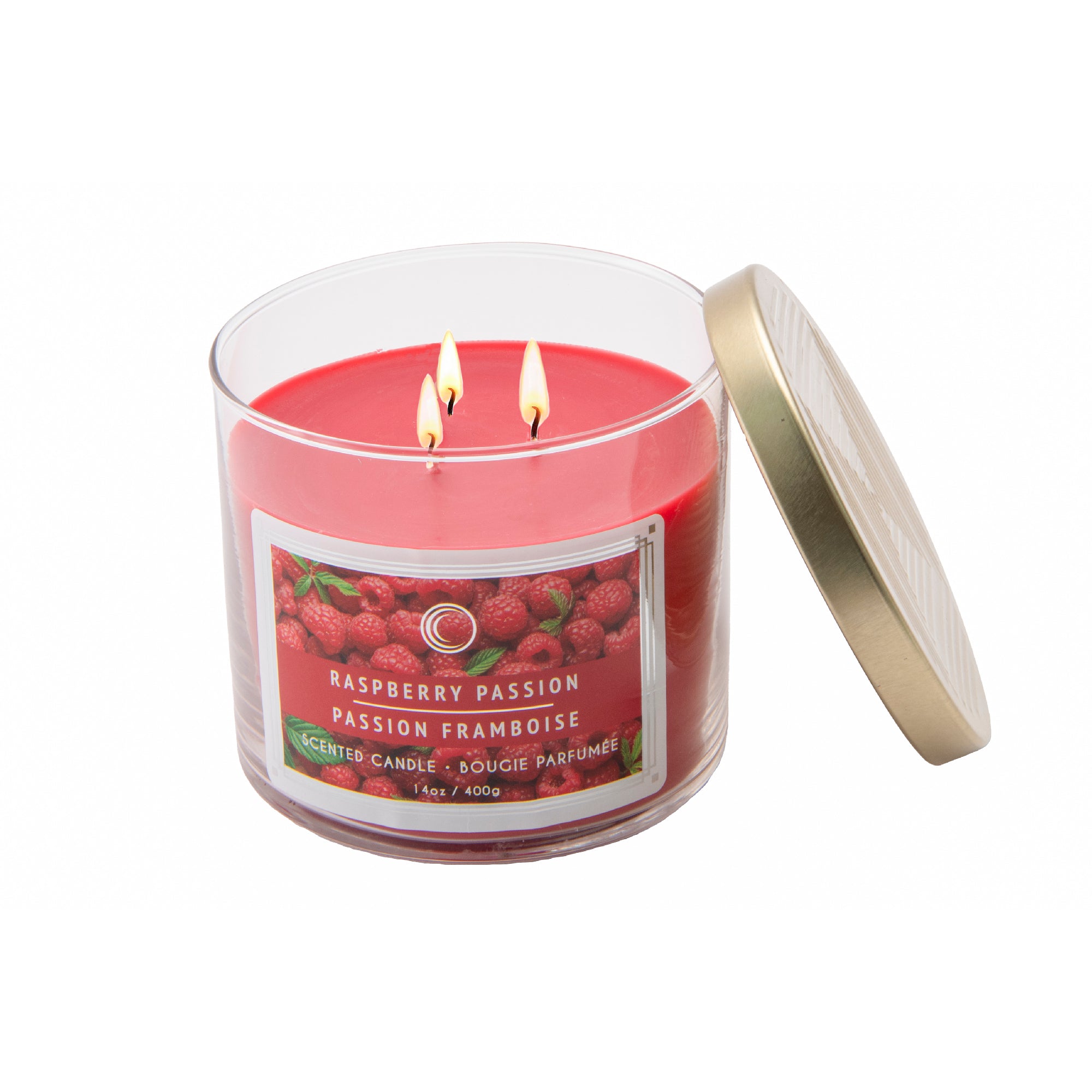 14 Oz 3-Wick Jar Candle with Lid and Intense Raspberry Passion Fragrance - Set of 2