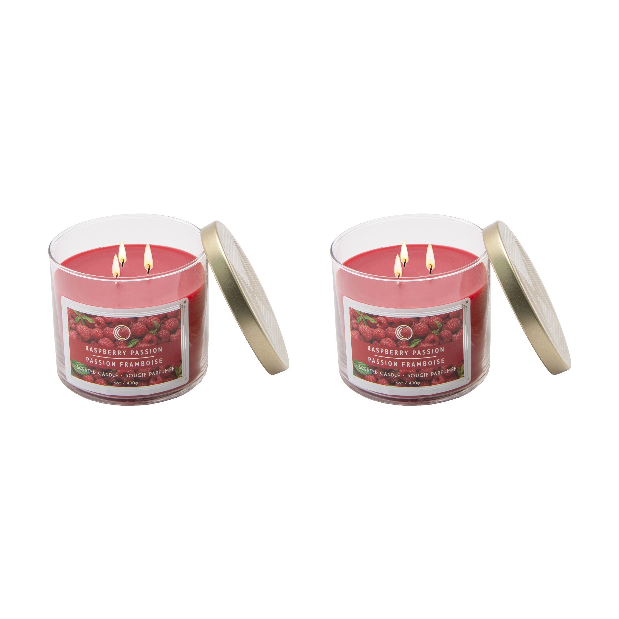 14 Oz 3-Wick Jar Candle with Lid and Intense Raspberry Passion Fragrance - Set of 2