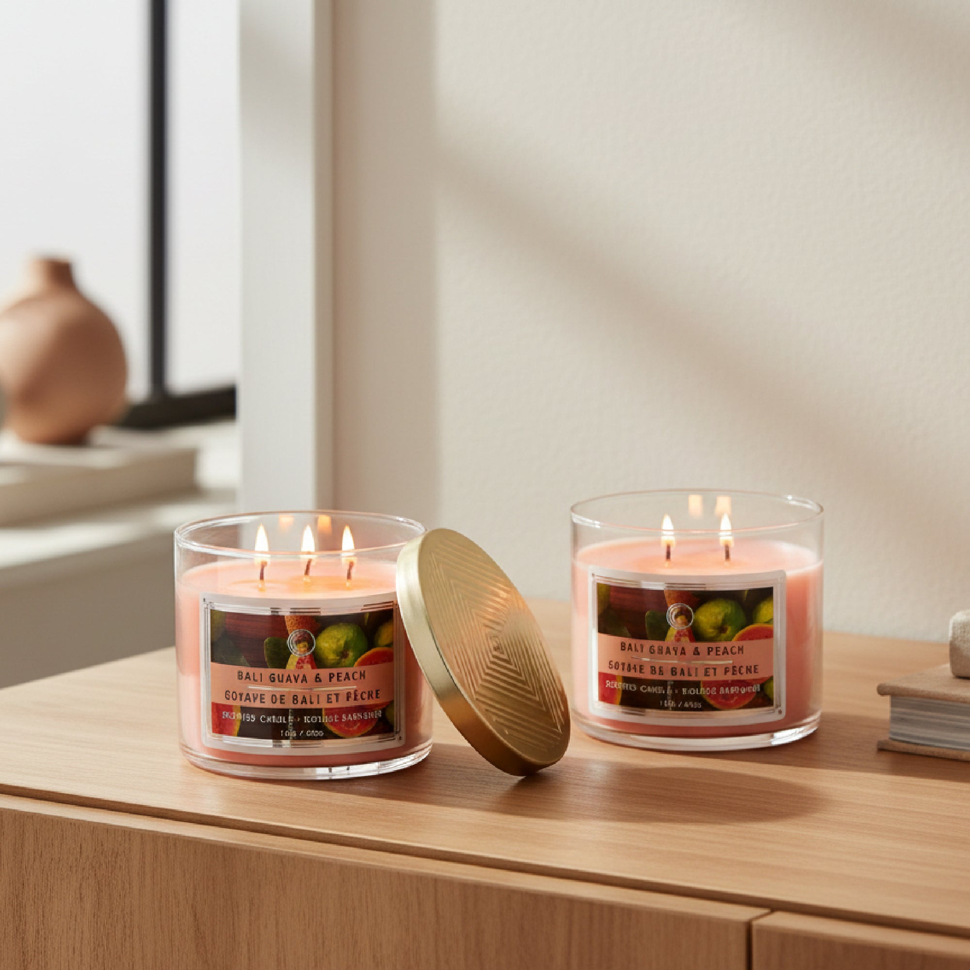 14 Ounce 3-Wick Jar Candle with Lid Infused with Tropical Bali Guava & Peach - Set of 2