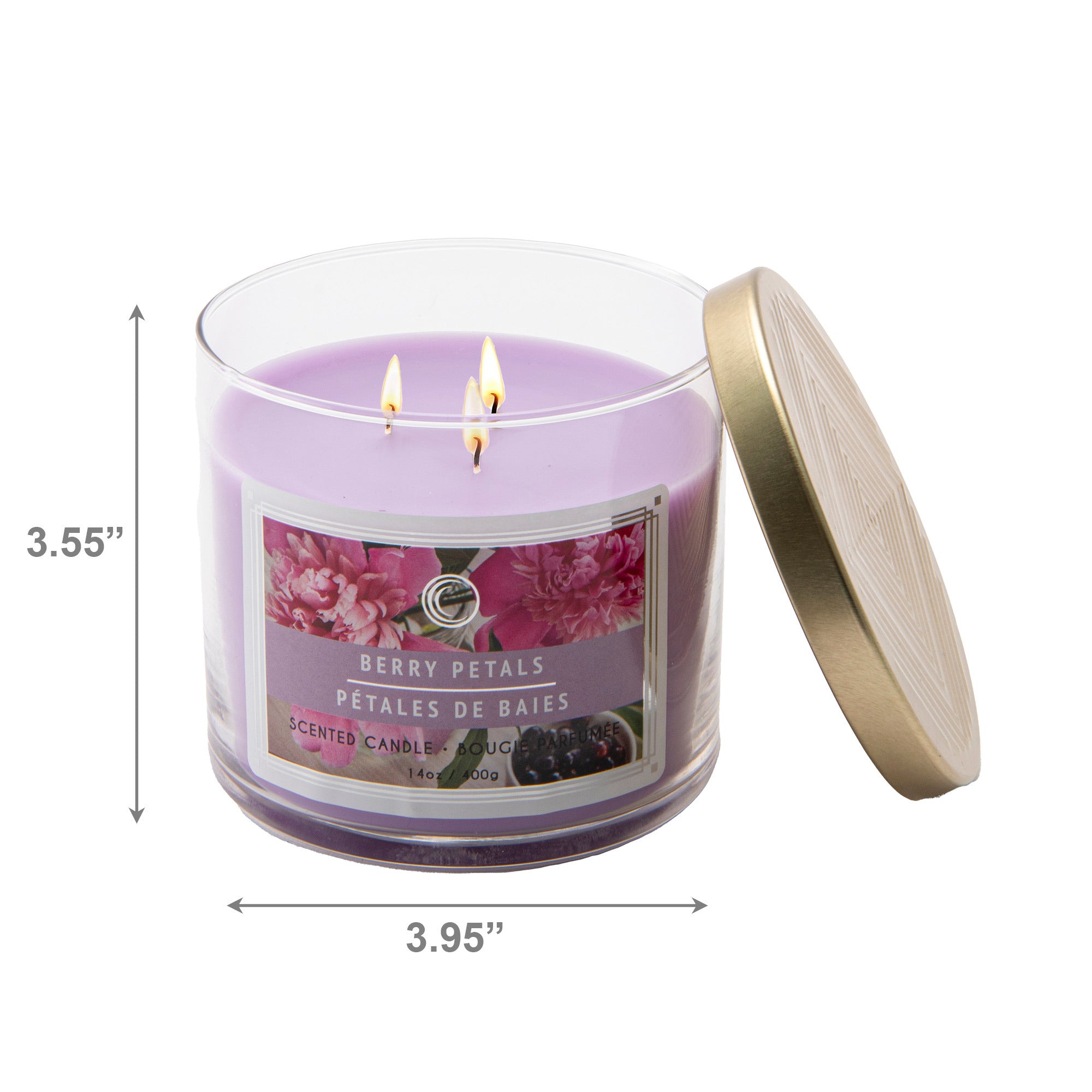 14 Oz 3-Wick Jar Candle with Lid and Soft Floral Berry Petals Scent - Set of 2