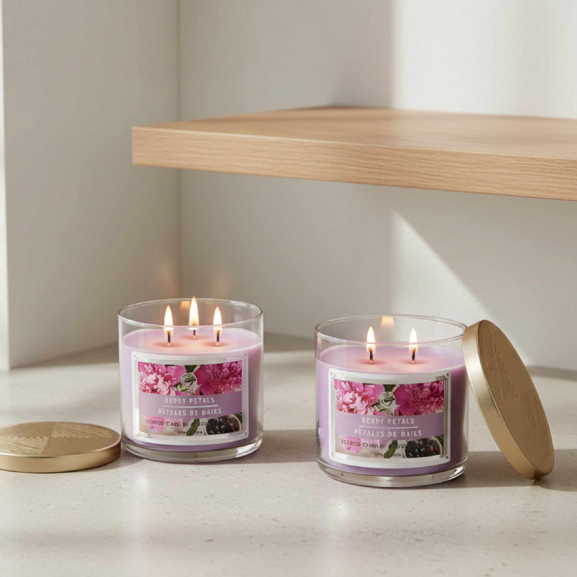 14 Ounce 3-Wick Jar Candle with Lid and Soft Floral Berry Petals Scent - Set of 2