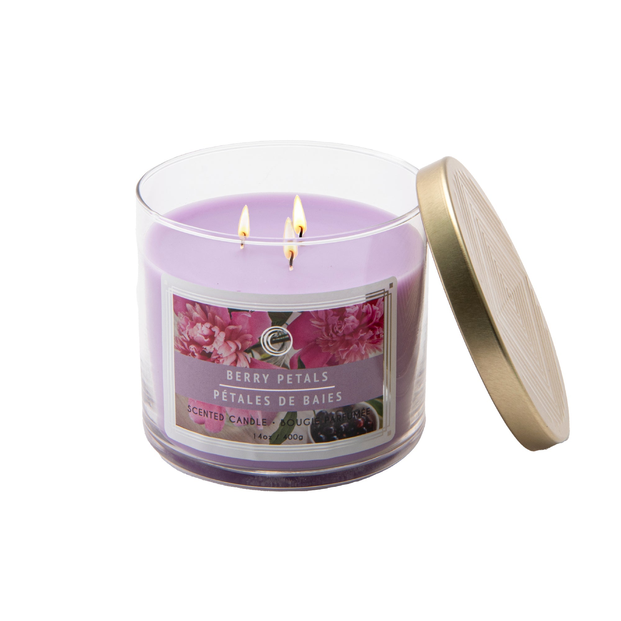 14 Oz 3-Wick Jar Candle with Lid and Soft Floral Berry Petals Scent - Set of 2