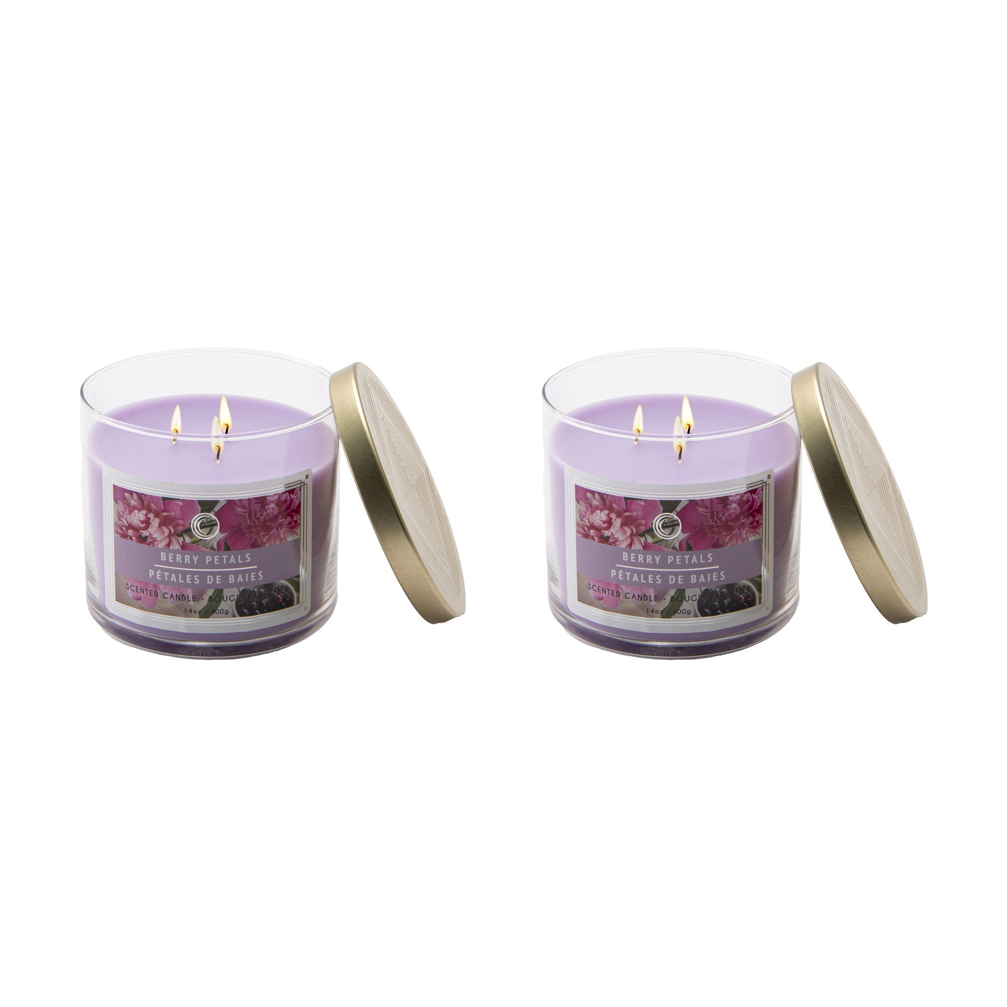 14 Oz 3-Wick Jar Candle with Lid and Soft Floral Berry Petals Scent - Set of 2