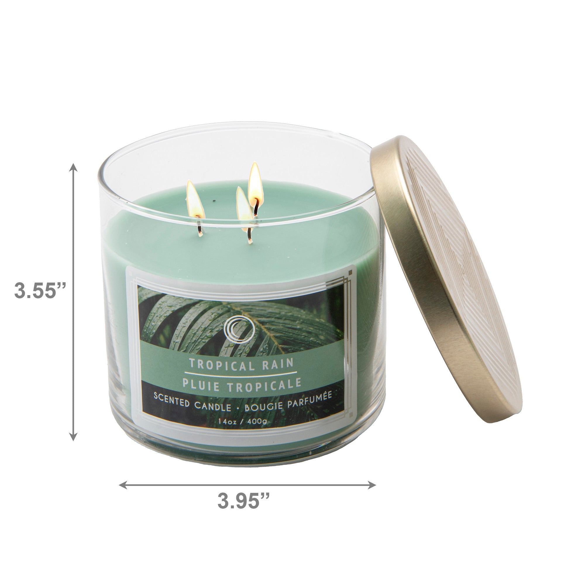 14 Oz 3-Wick Jar Candle with Lid and Fresh Tropical Rain Fragrance - Set of 2
