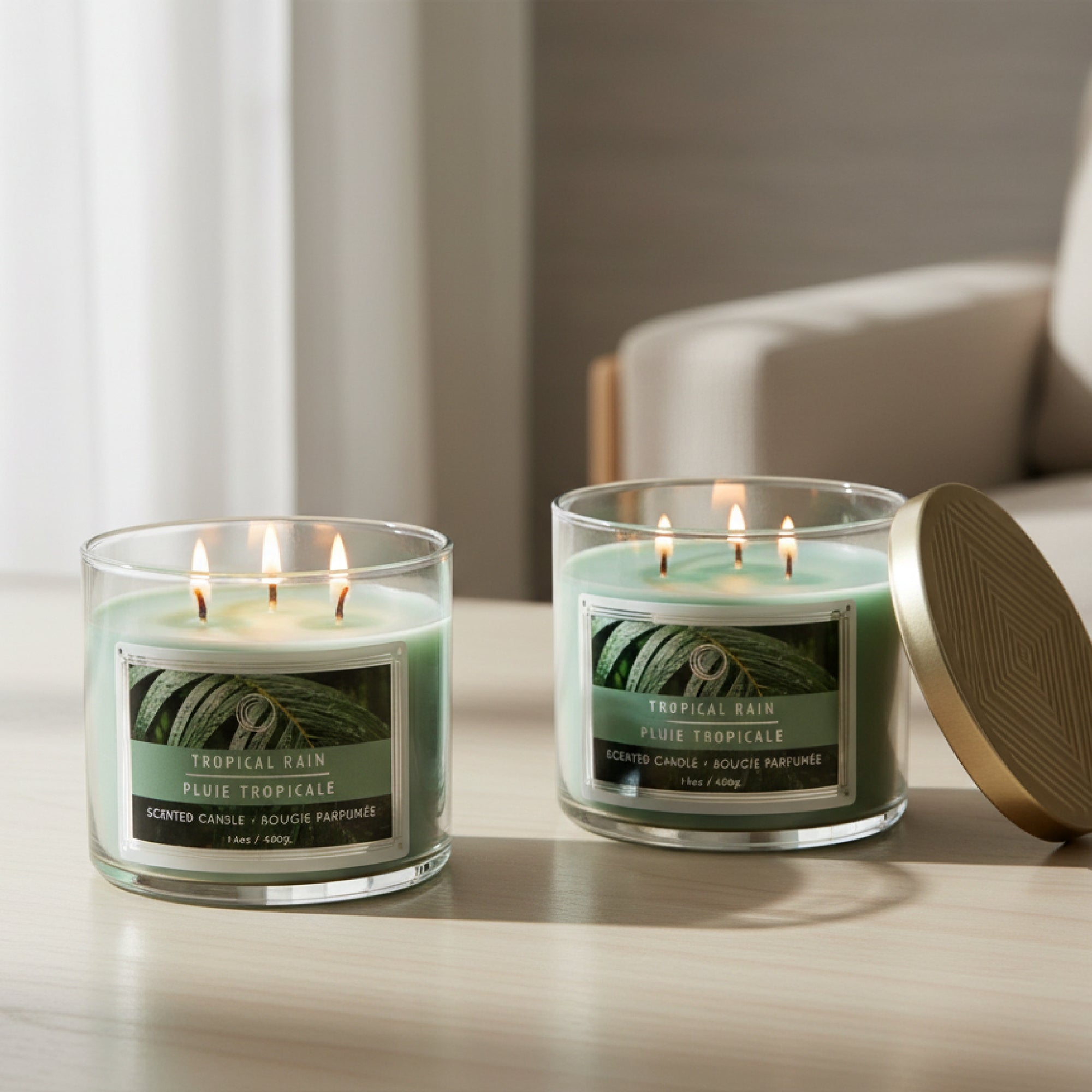 14 Ounce 3-Wick Jar Candle with Lid and Fresh Tropical Rain Fragrance - Set of 2