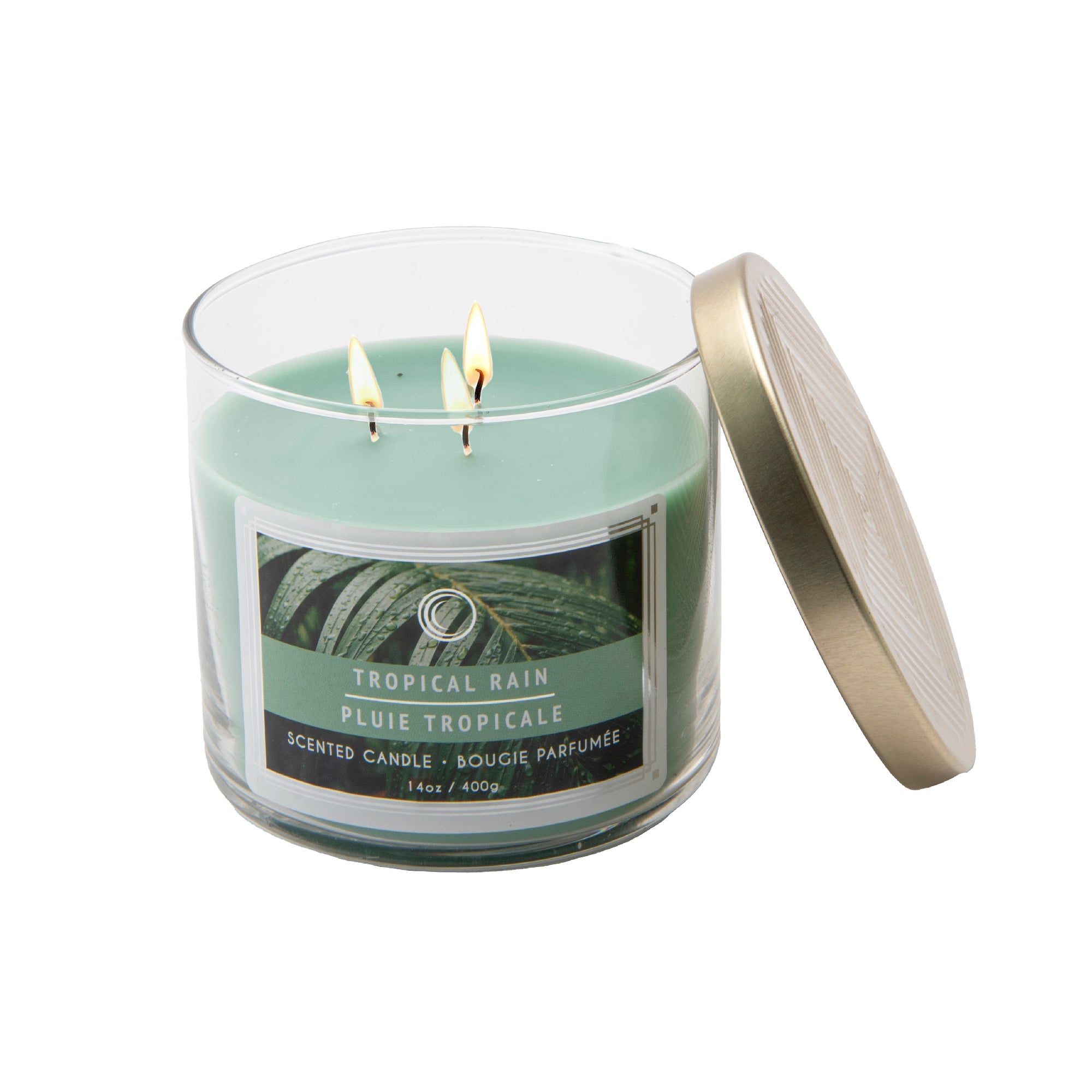 14 Oz 3-Wick Jar Candle with Lid and Fresh Tropical Rain Fragrance - Set of 2
