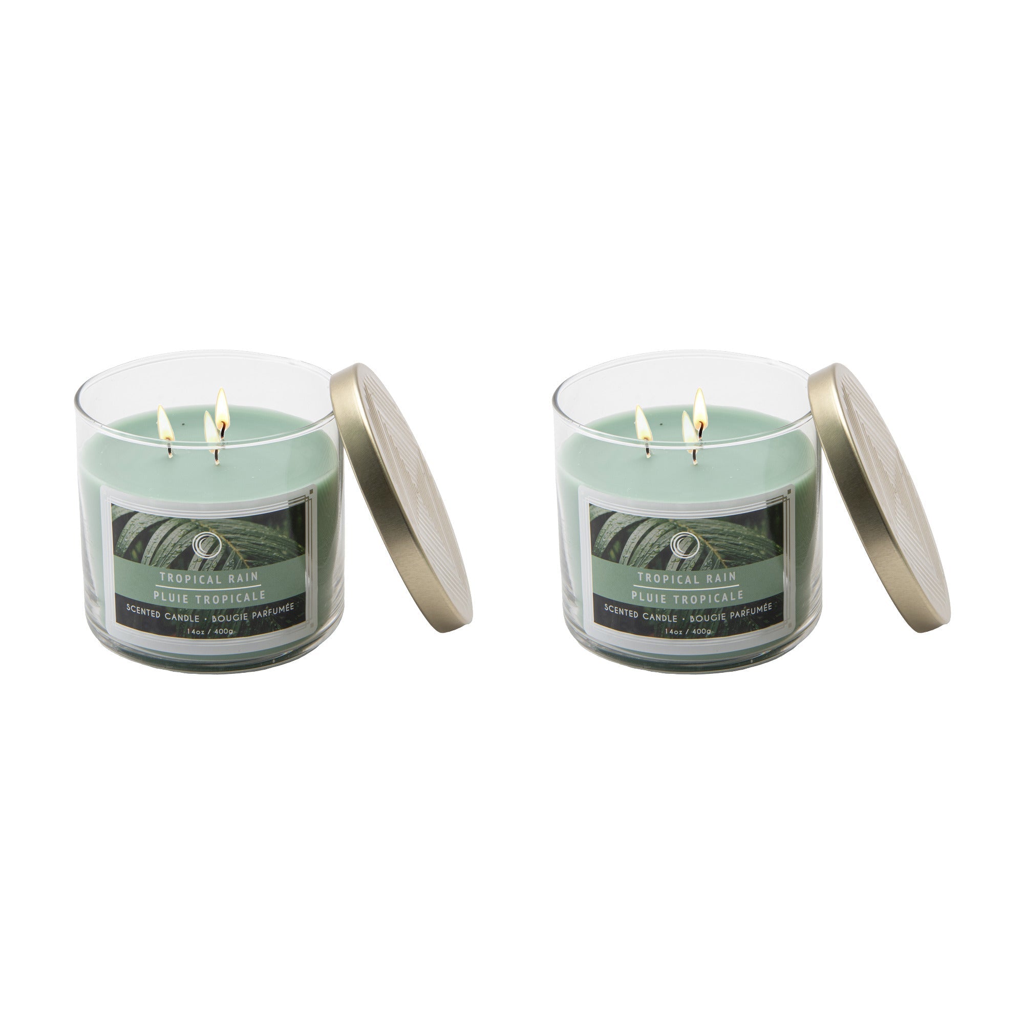 14 Oz 3-Wick Jar Candle with Lid and Fresh Tropical Rain Fragrance - Set of 2