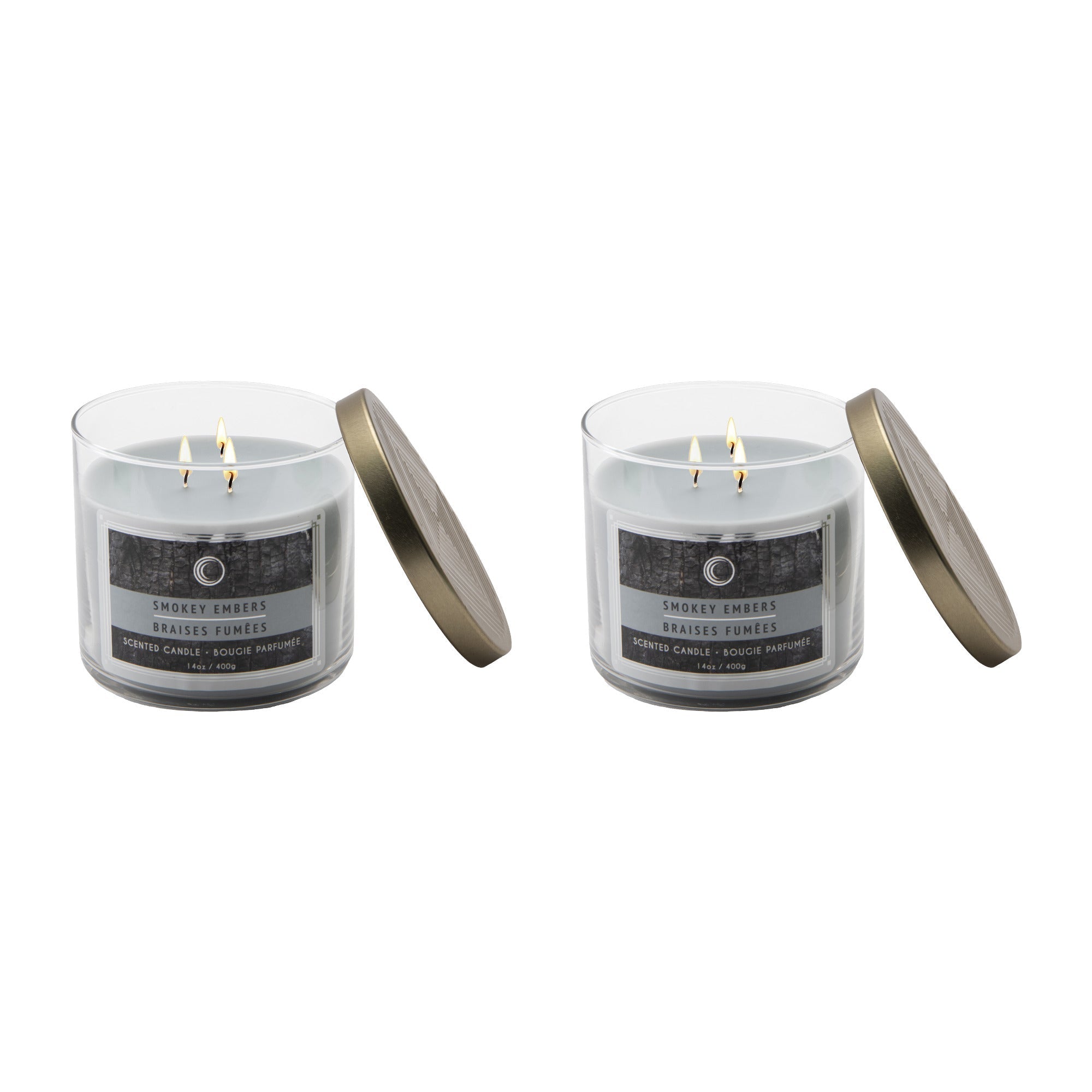 14 Oz 3-Wick Jar Candle with Lid and Warm Smokey Embers Scent - Set of 2
