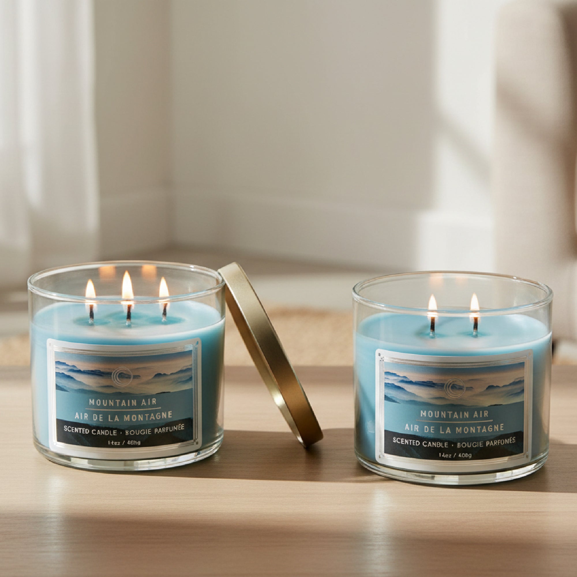 14 Ounce 3-Wick Jar Candle with Lid and Crisp Mountain Air Fragrance - Set of 2