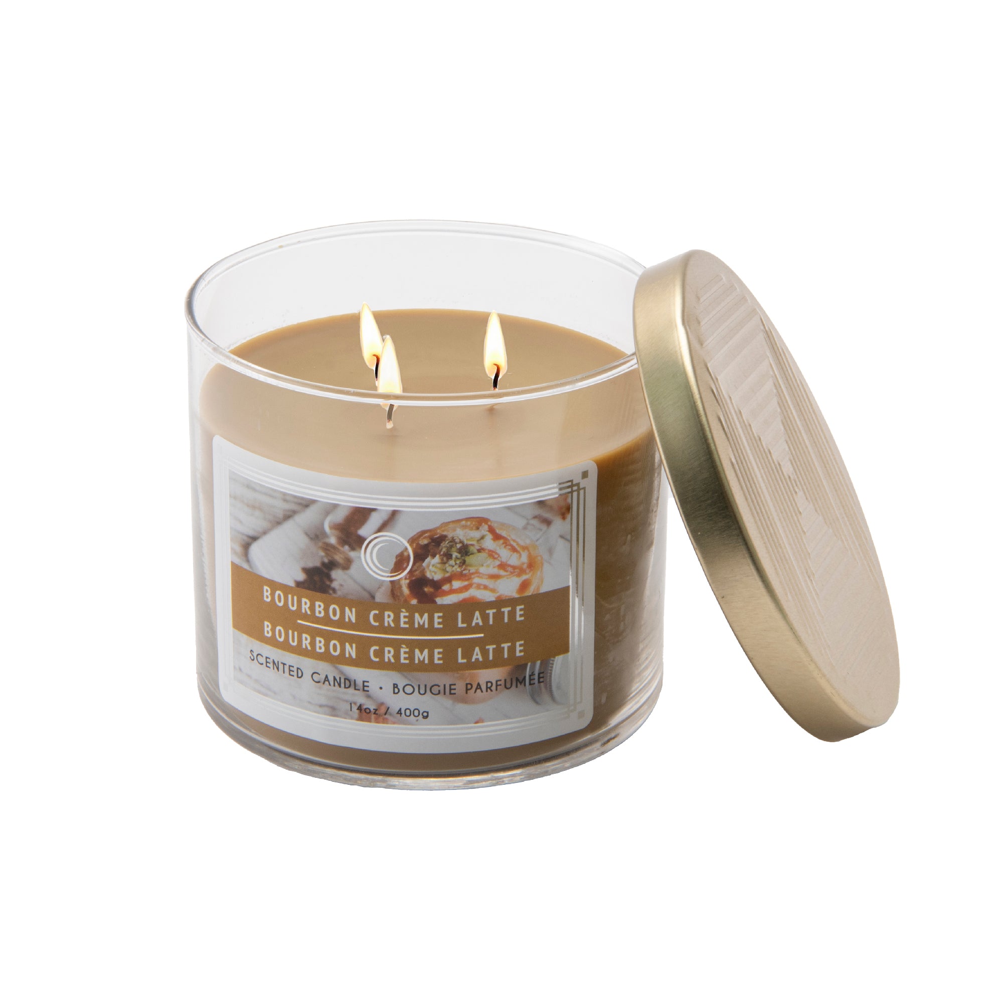 14 Oz 3-Wick Jar Candle with Lid Infused with Rich Bourbon Crème Latte Aroma - Set of 2