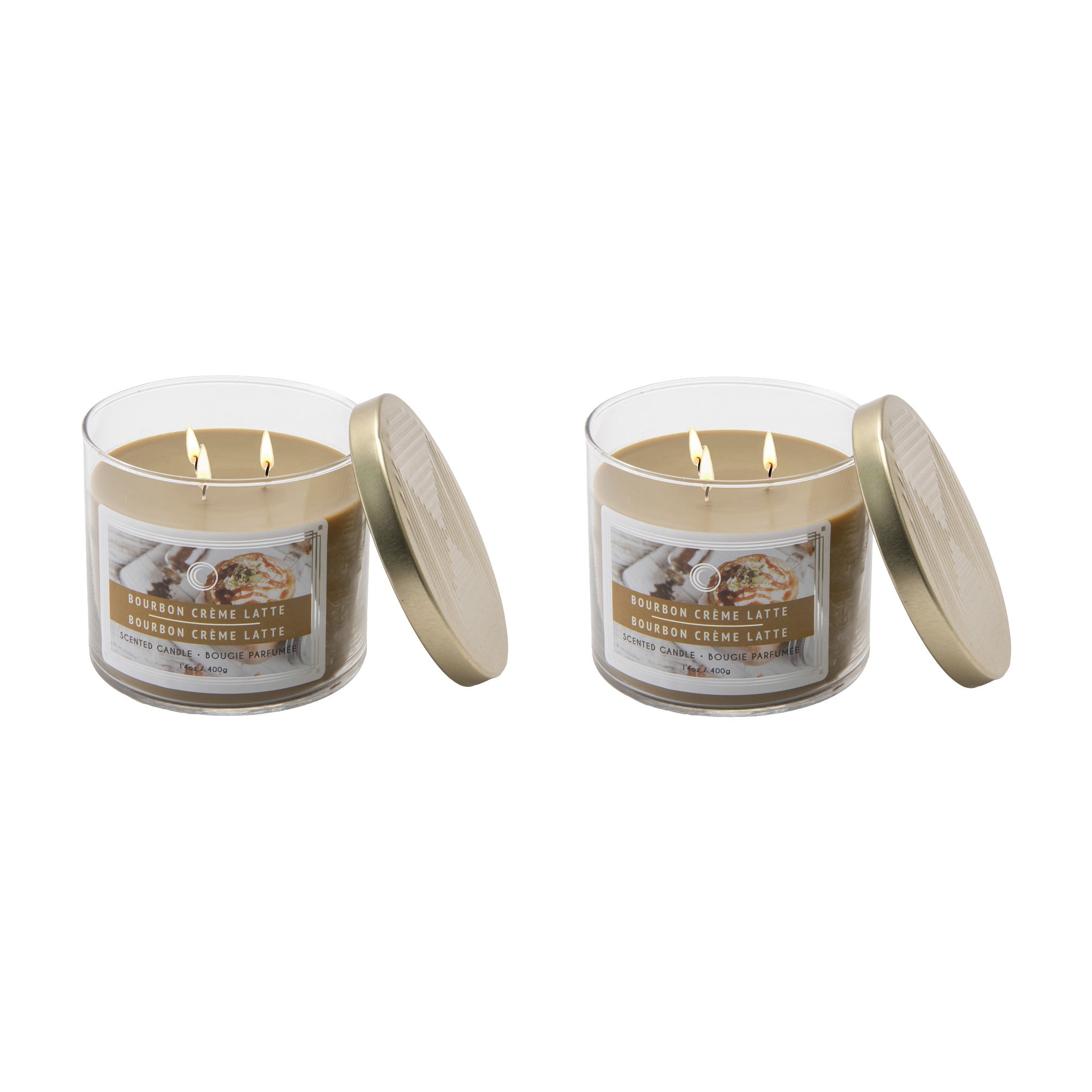 14 Oz 3-Wick Jar Candle with Lid Infused with Rich Bourbon Crème Latte Aroma - Set of 2