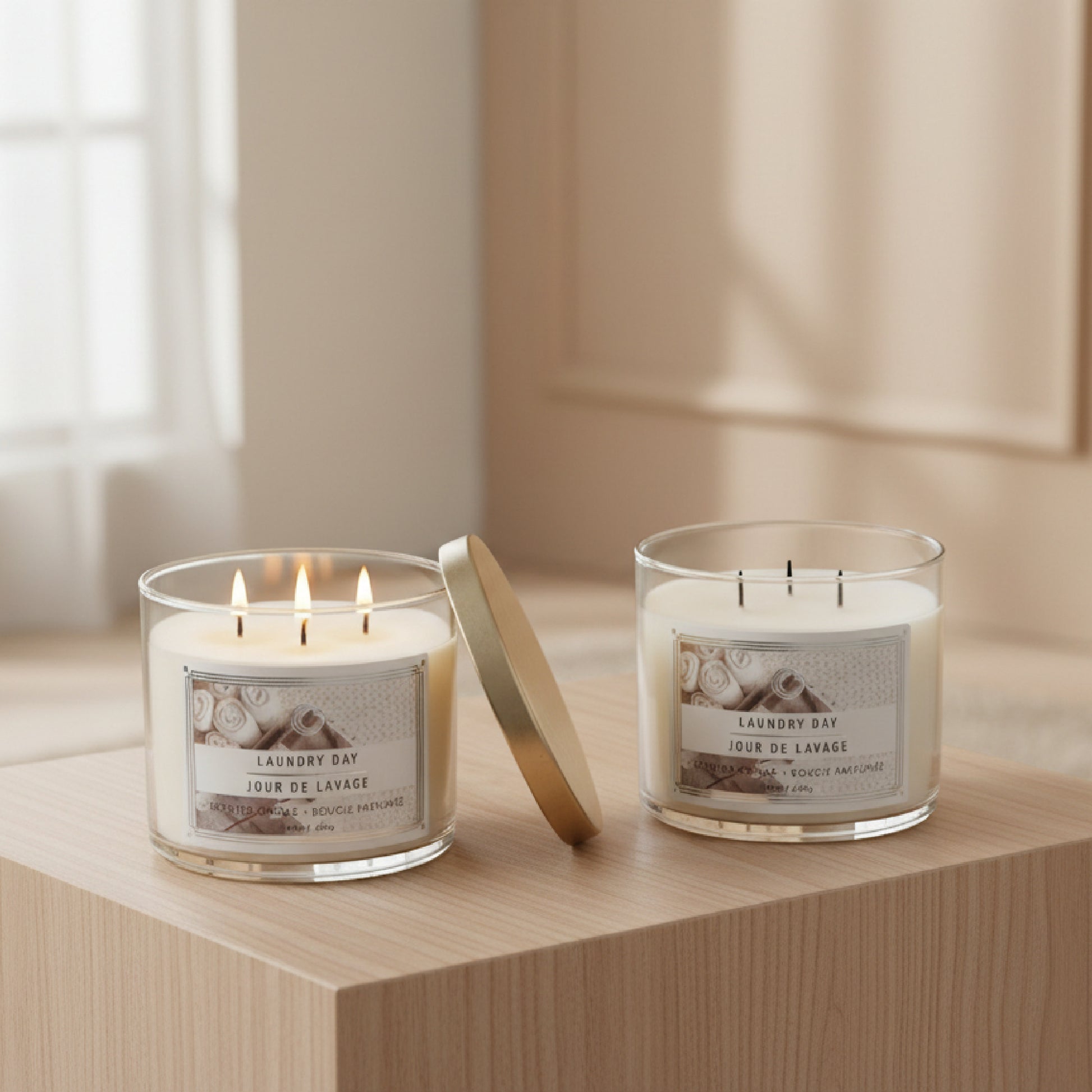 14 Ounce 3-Wick Jar Candle with Lid and Fresh Laundry Day Scent - Set of 2