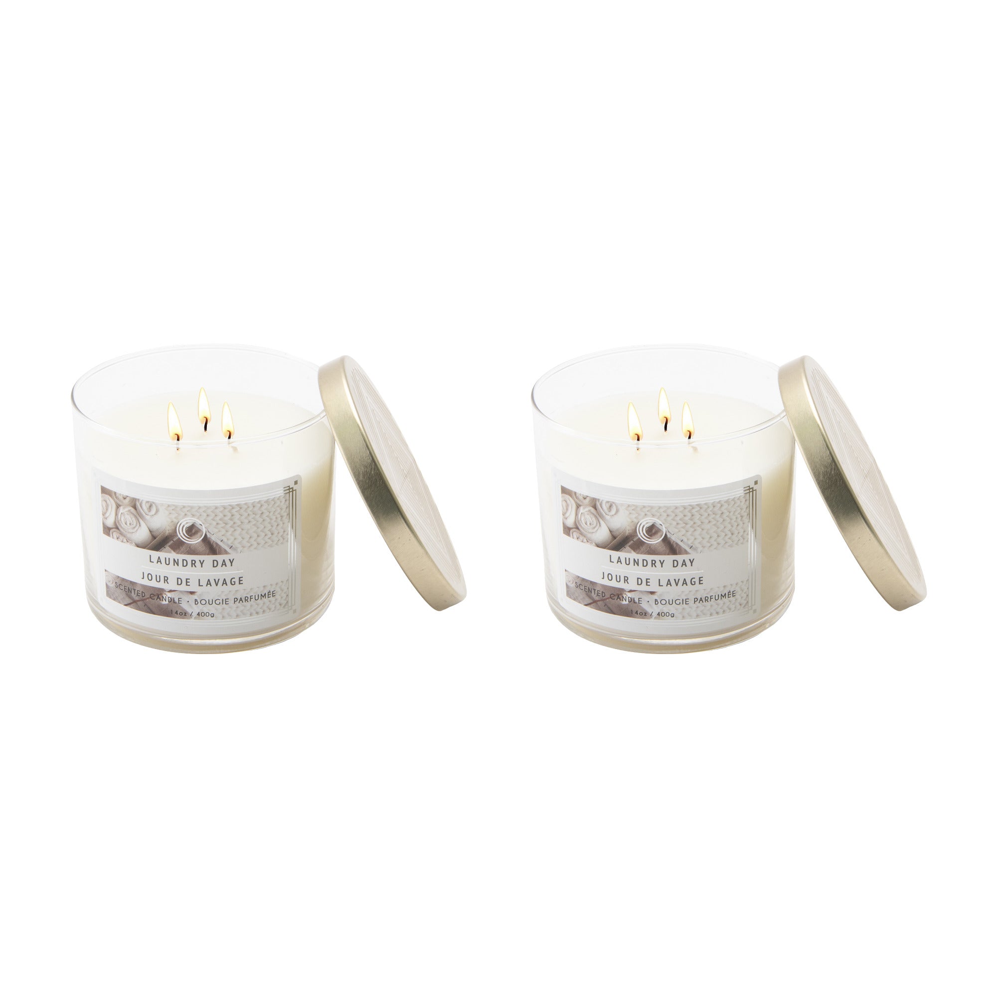 14 Oz 3-Wick Jar Candle with Lid and Fresh Laundry Day Scent - Set of 2