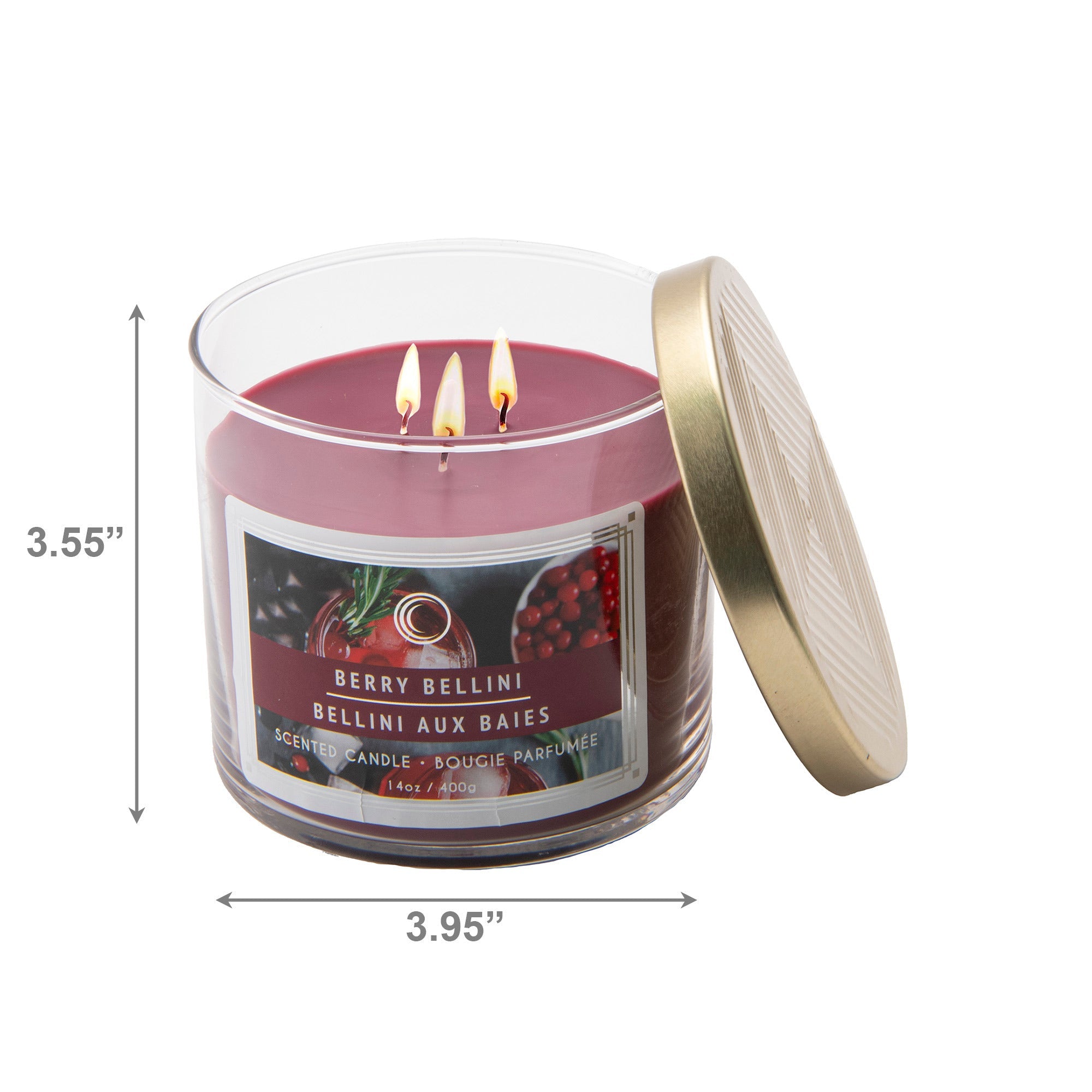 14 Oz 3-Wick Jar Candle with Lid Featuring Sweet Berry Bellini Fragrance - Set of 2