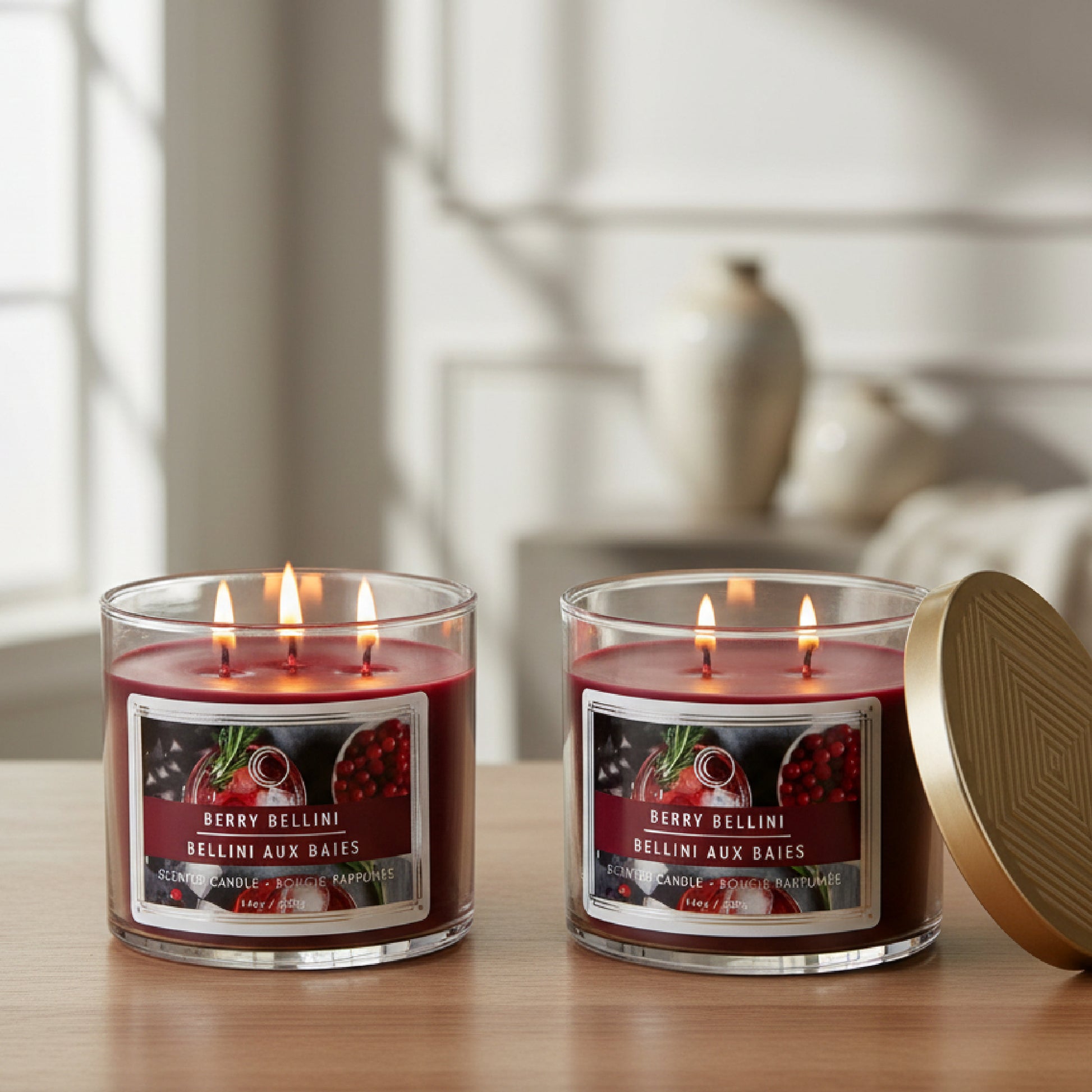14 Ounce 3-Wick Jar Candle with Lid Featuring Sweet Berry Bellini Fragrance - Set of 2