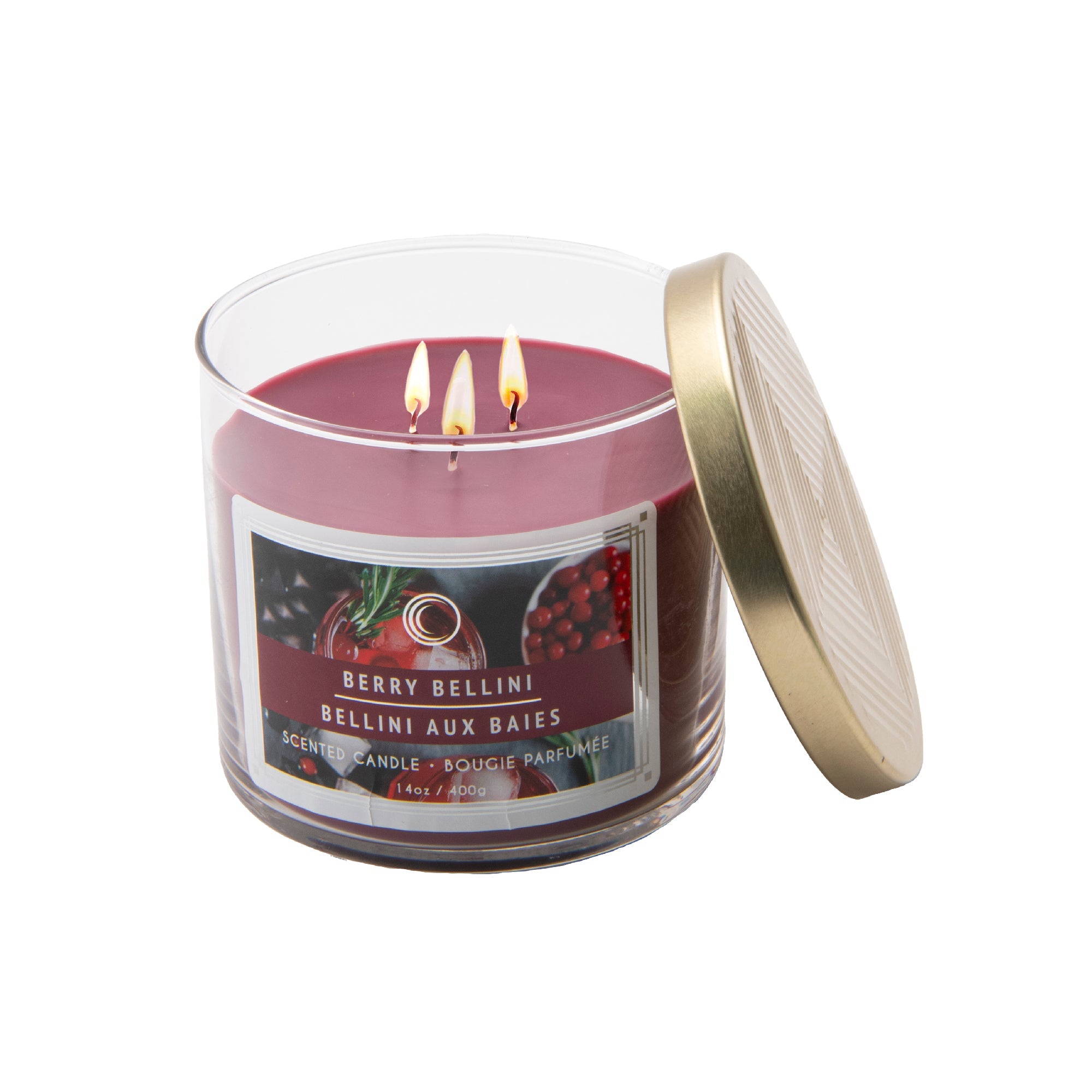 14 Oz 3-Wick Jar Candle with Lid Featuring Sweet Berry Bellini Fragrance - Set of 2