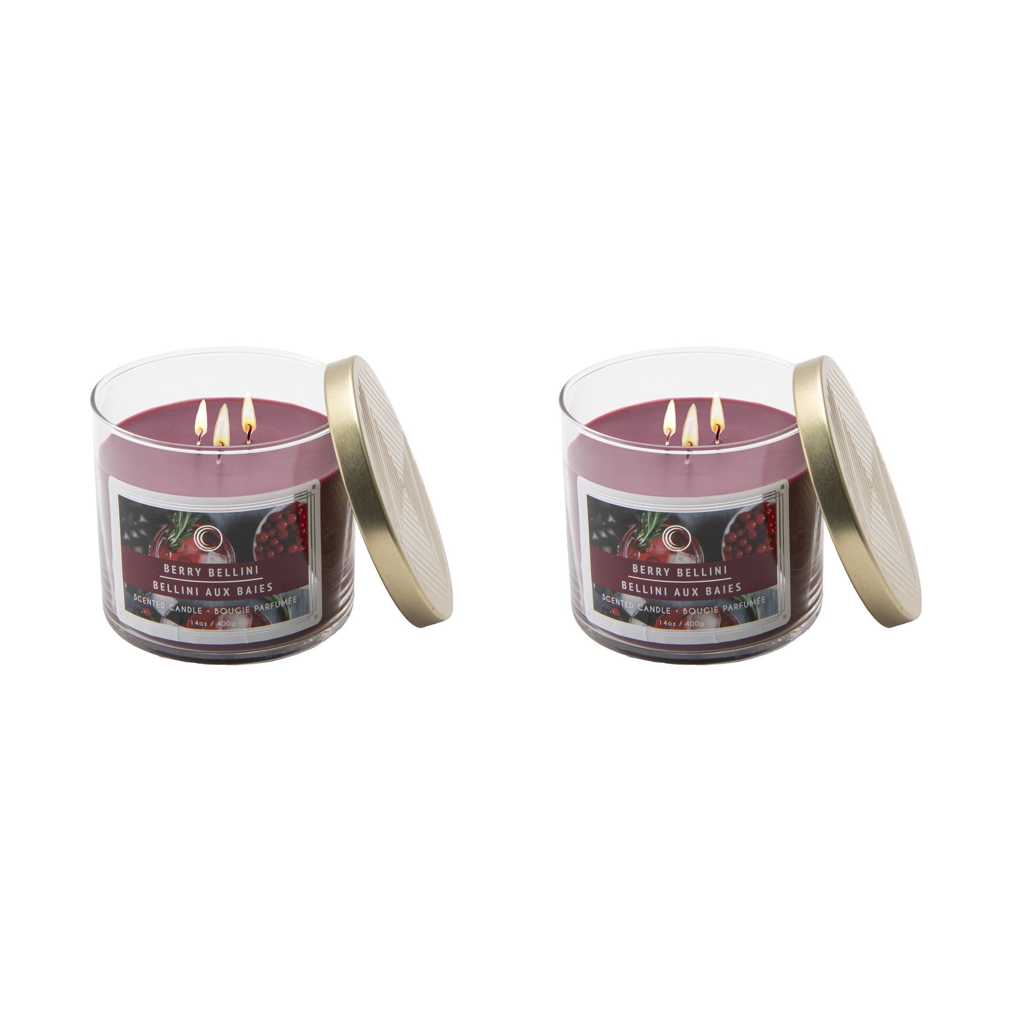 14 Oz 3-Wick Jar Candle with Lid Featuring Sweet Berry Bellini Fragrance - Set of 2