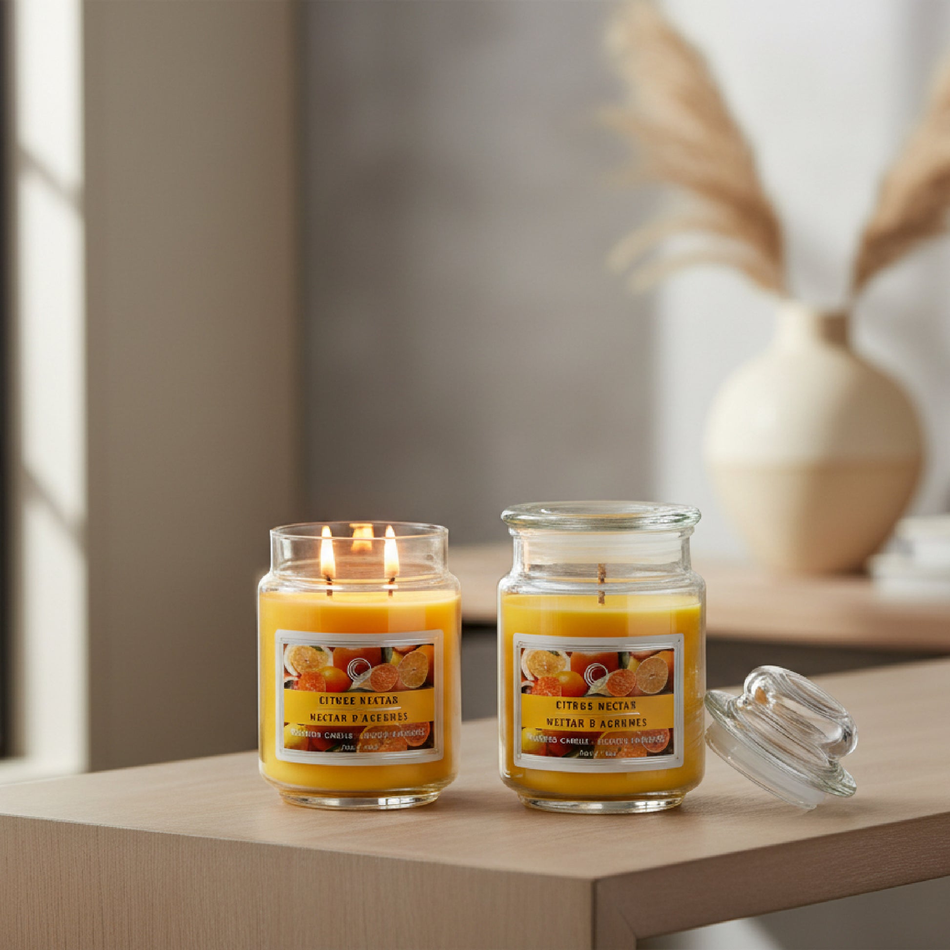 18 Ounce Scented Jar Candle with Glass Lid and Bright Citrus Nectar Scent - Set of 2