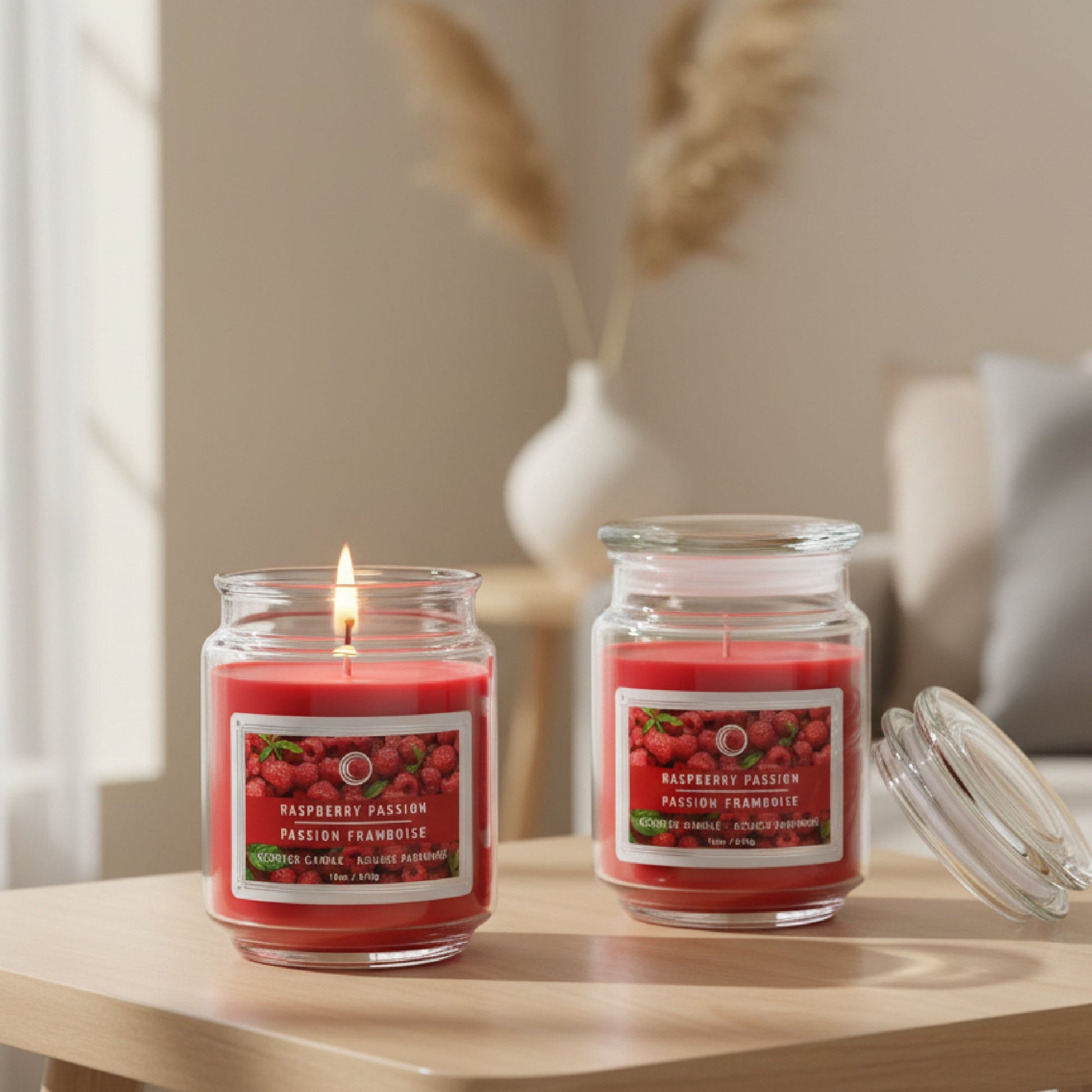 18 Ounce Scented Jar Candle with Glass Lid and Vibrant Raspberry Passion Fragrance - Set of 2