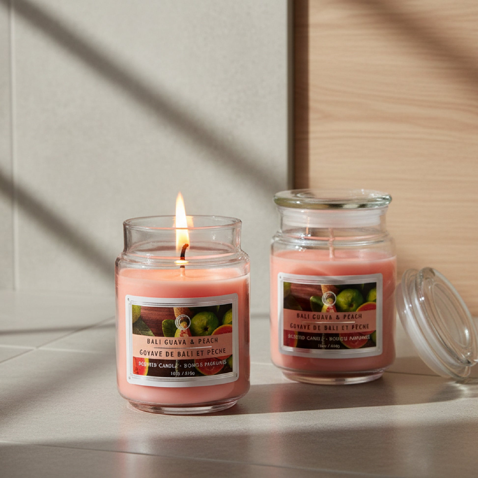 18 Ounce Scented Jar Candle with Glass Lid and Tropical Bali Guava & Peach Aroma - Set of 2