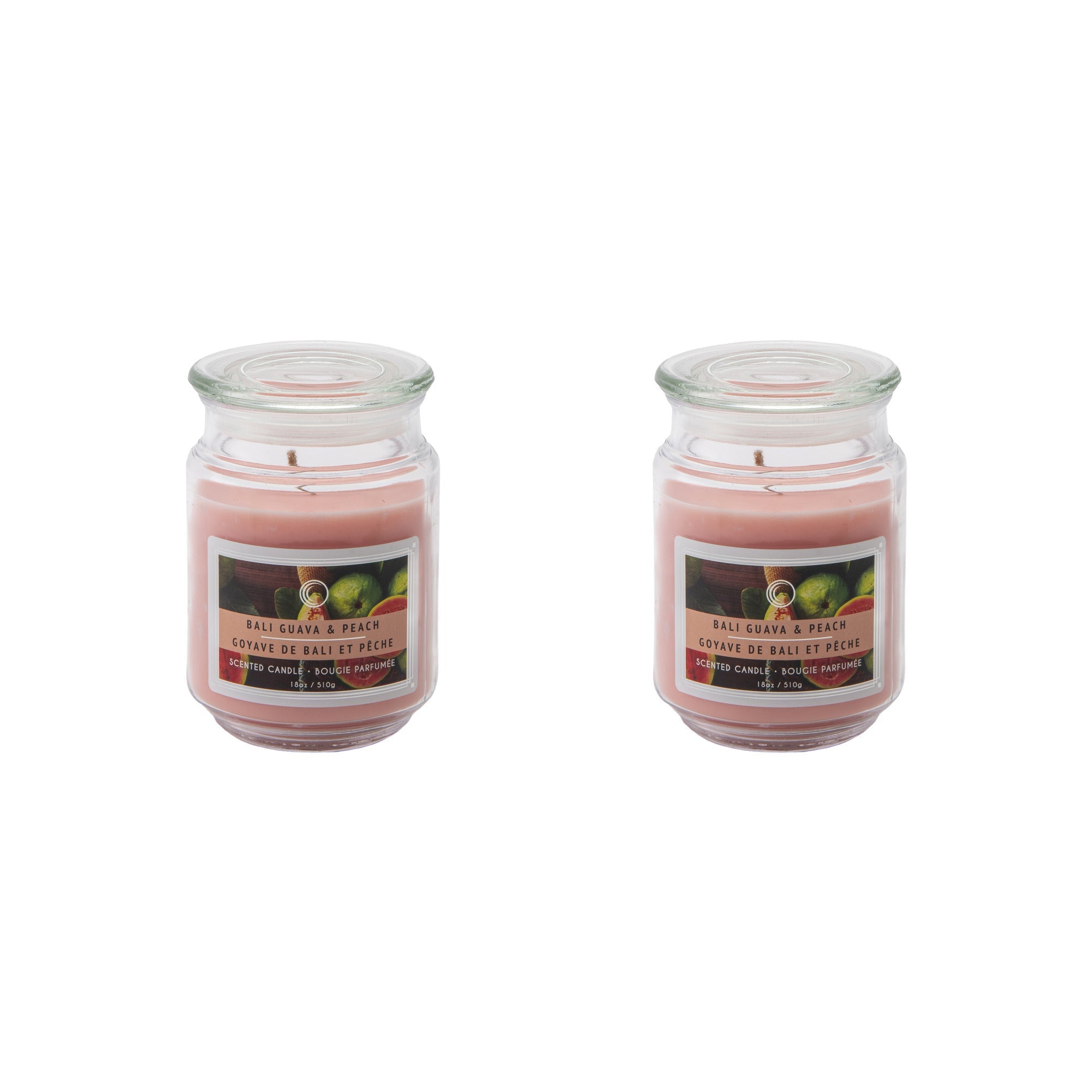18 Oz Scented Jar Candle with Glass Lid and Tropical Bali Guava & Peach Aroma - Set of 2